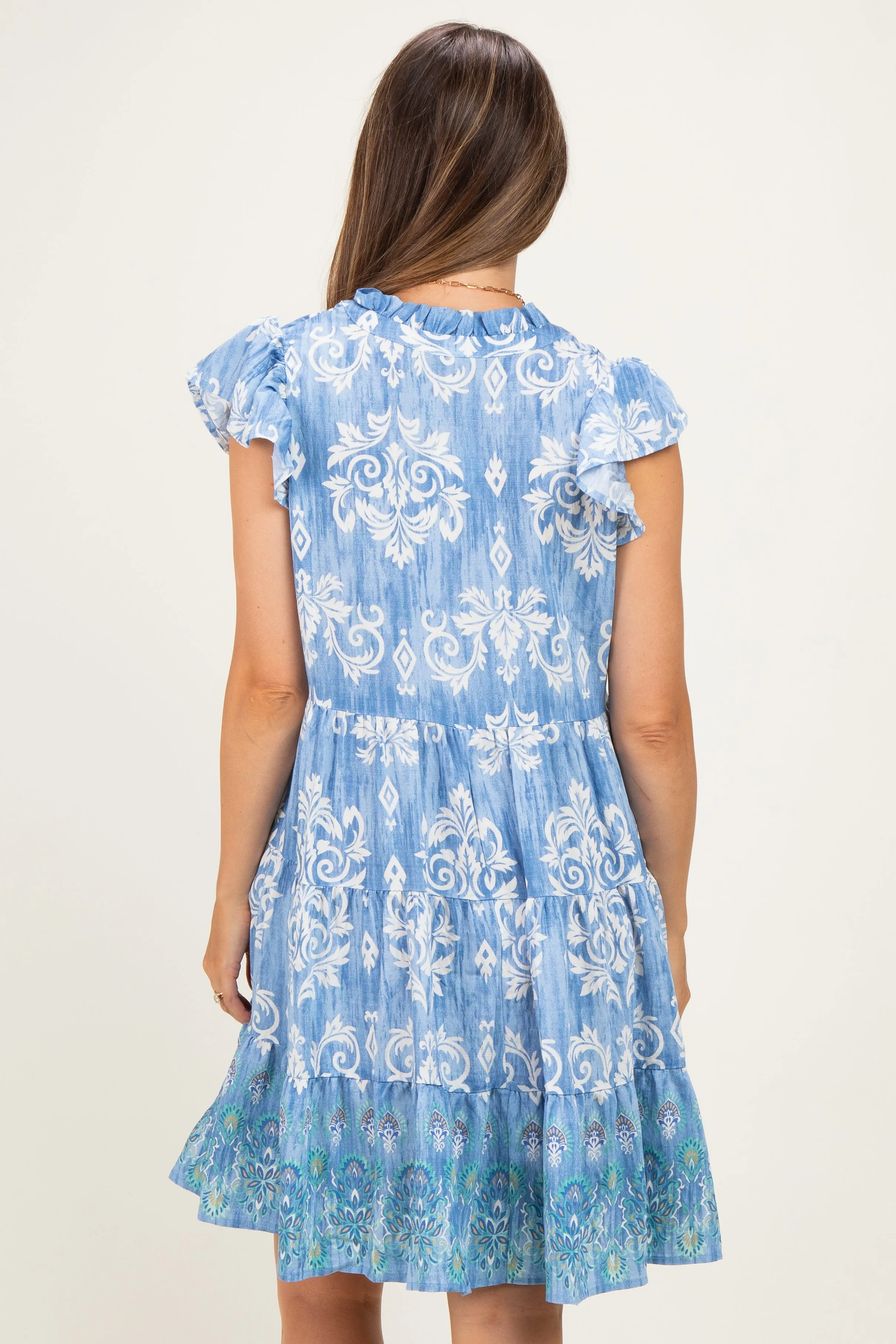 Denim Blue V Neck Flutter Sleeve Border Print Mini Tiered Maternity Dress sold by Pinkblush product image thumbnail 3