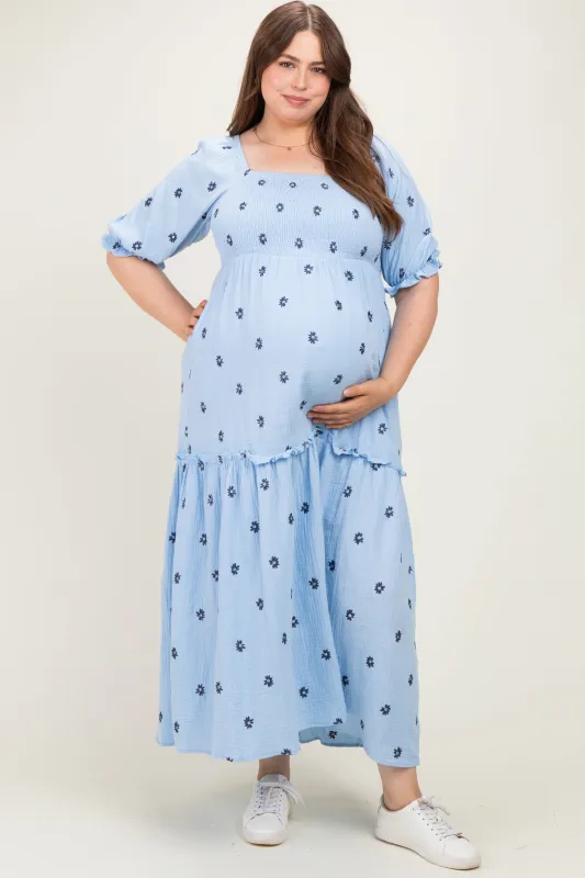 Light Blue Floral Smocked Puff Sleeve Plus Maternity Maxi Dress made by Jnna