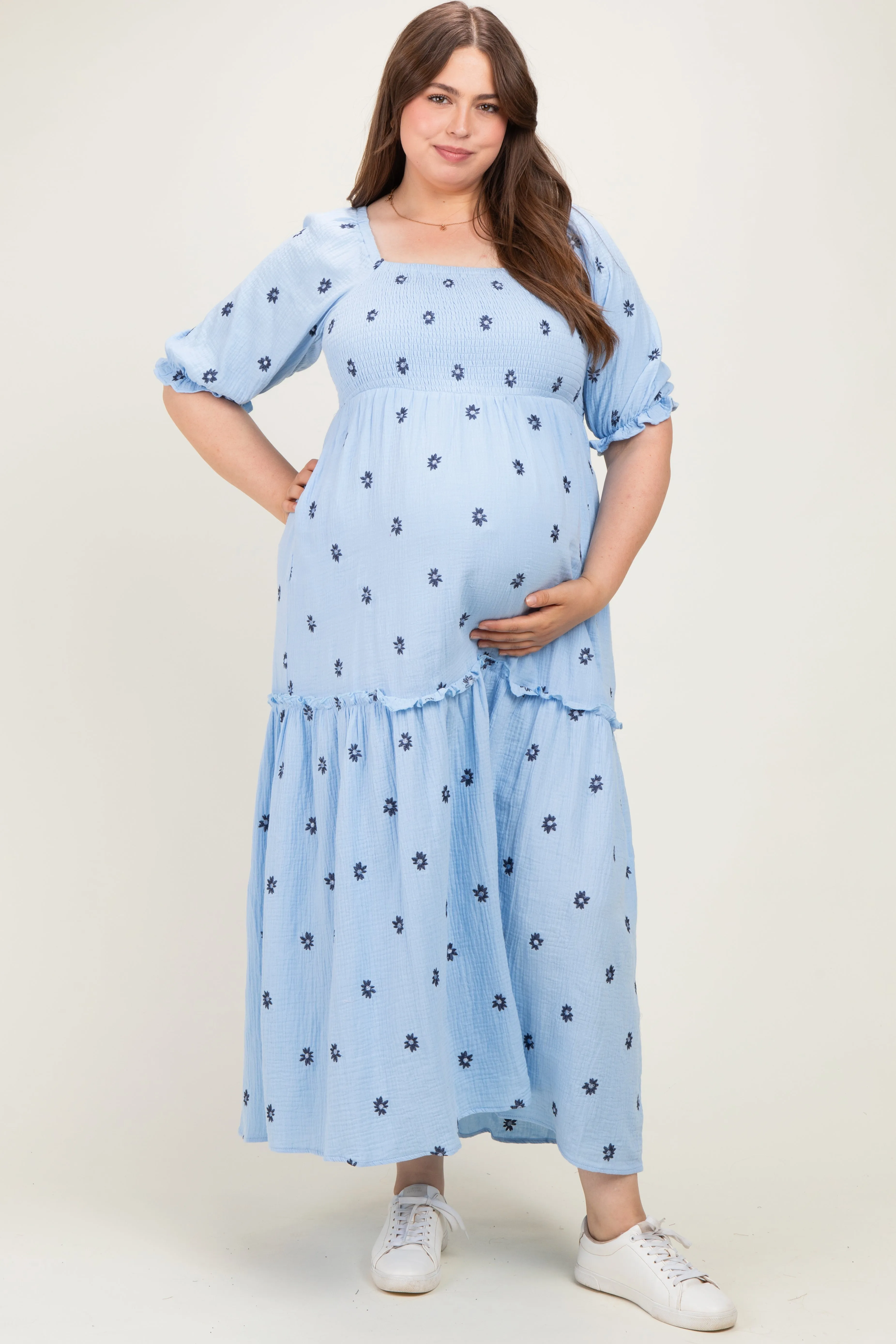 Light Blue Floral Smocked Puff Sleeve Plus Maternity Maxi Dress sold by Pinkblush