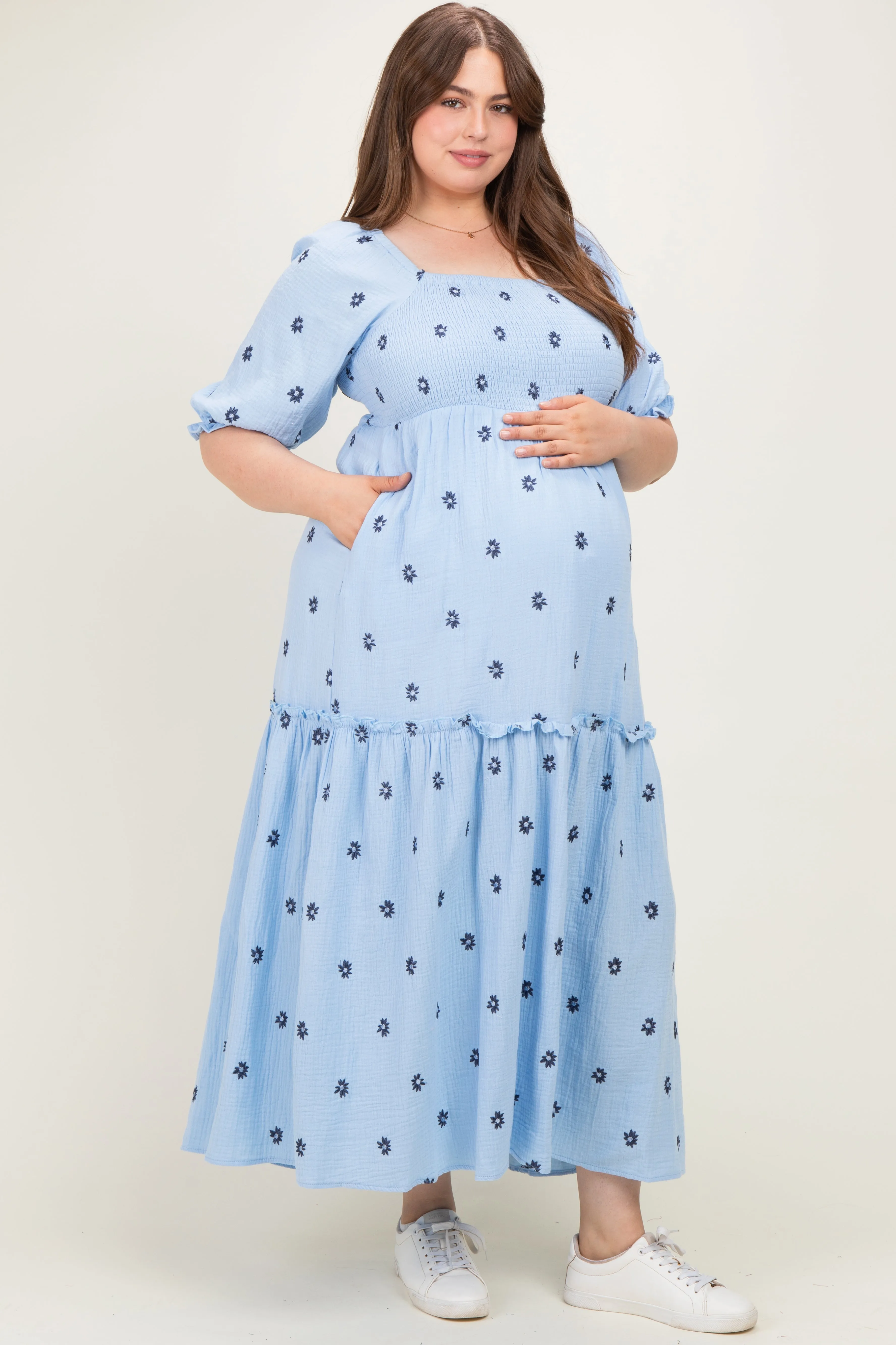 Light Blue Floral Smocked Puff Sleeve Plus Maternity Maxi Dress sold by Pinkblush product image thumbnail 2