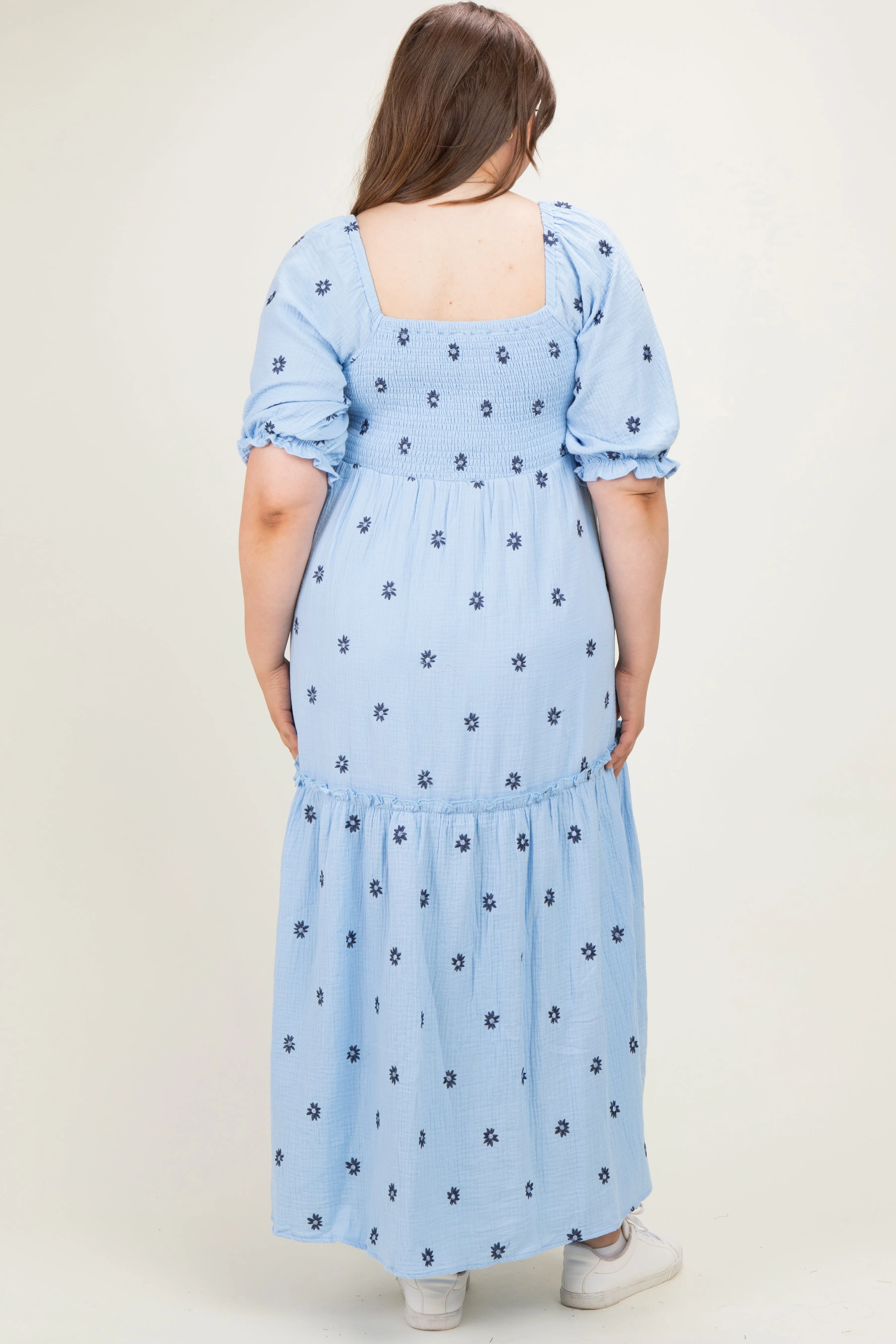 Light Blue Floral Smocked Puff Sleeve Plus Maternity Maxi Dress sold by Pinkblush product image thumbnail 3