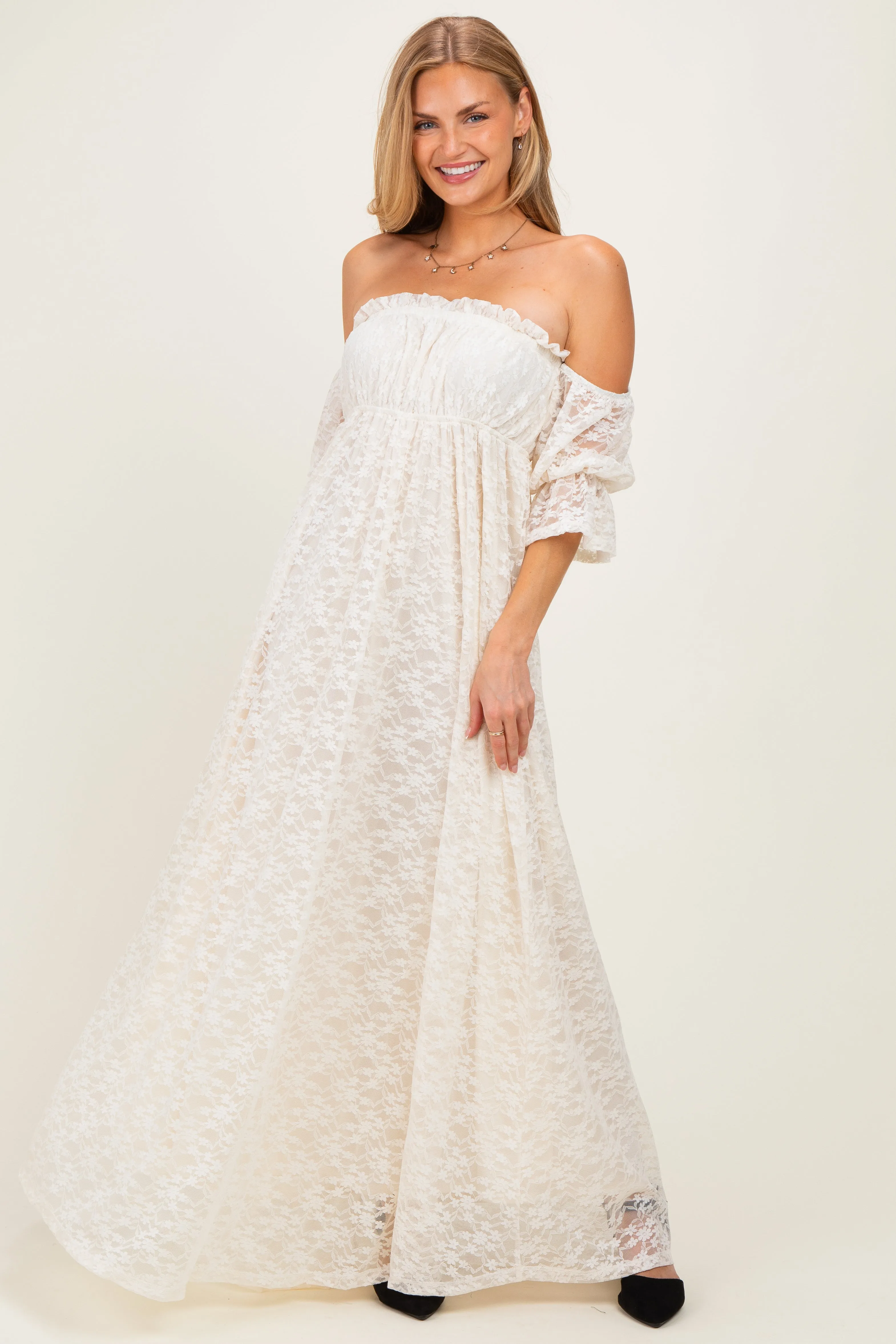 Ivory Lace Off Shoulder Maxi Dress sold by Pinkblush product image thumbnail 2