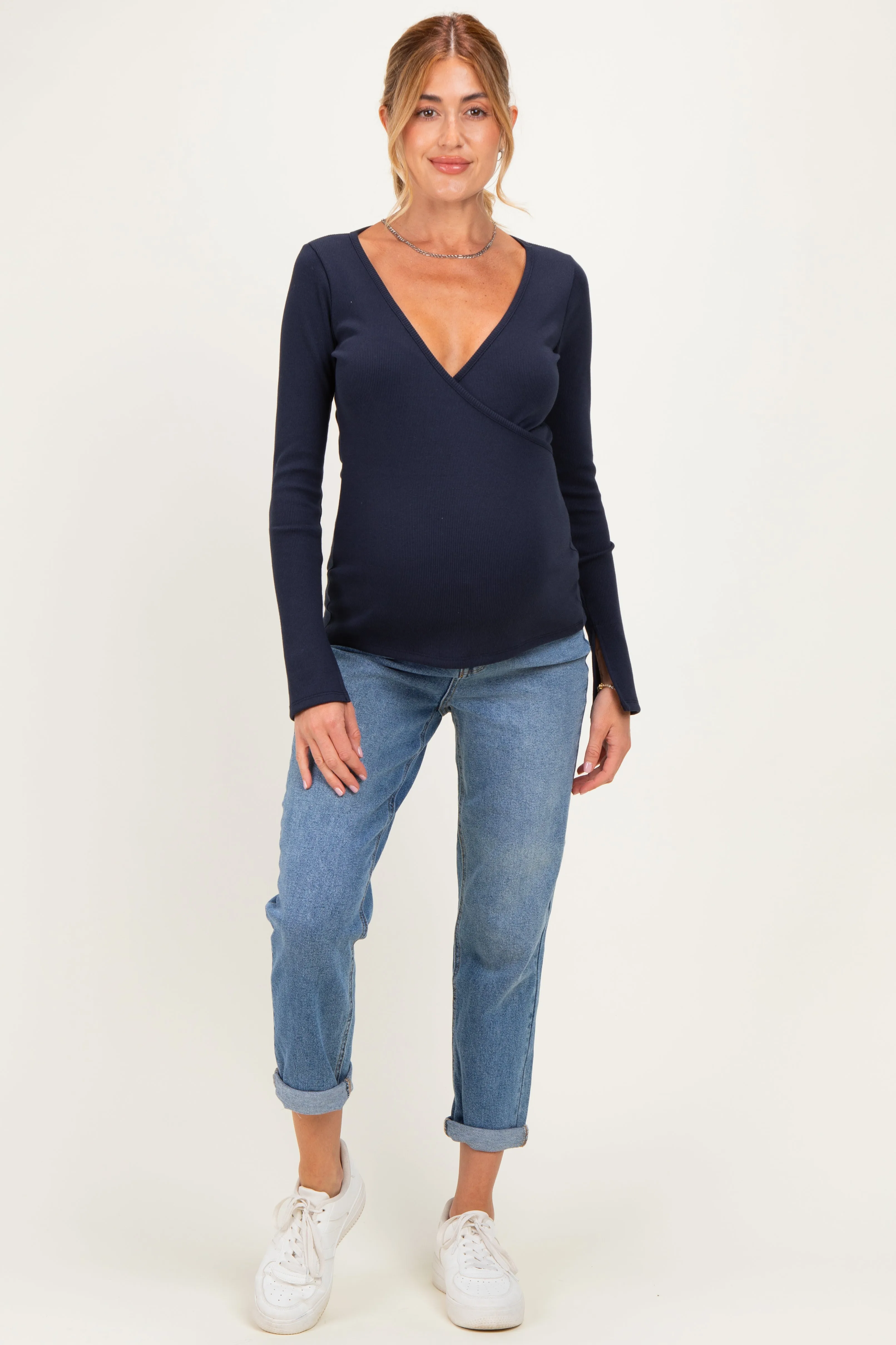Navy Fitted Long Sleeve Maternity Wrap/ Nursing Top sold by Pinkblush product image thumbnail 4