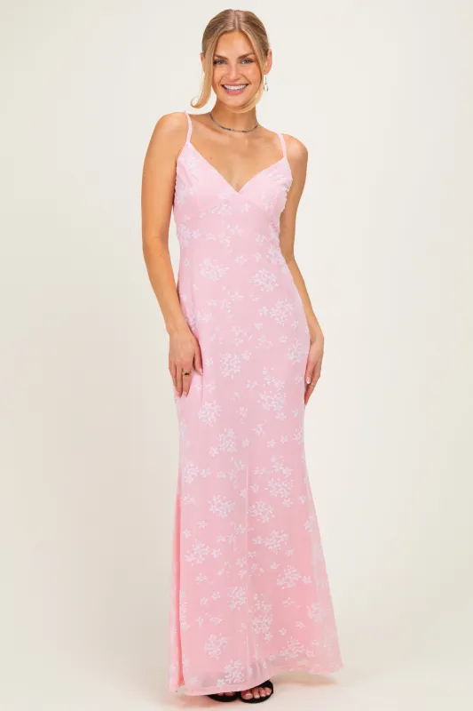 Pink Floral Sleeveless V-Neck Maxi Dress made by Pinkblush