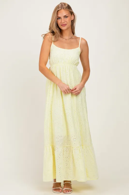 Yellow Eyelet Lace Sleeveless Ruffle Hem Maxi Dress made by Pinkblush