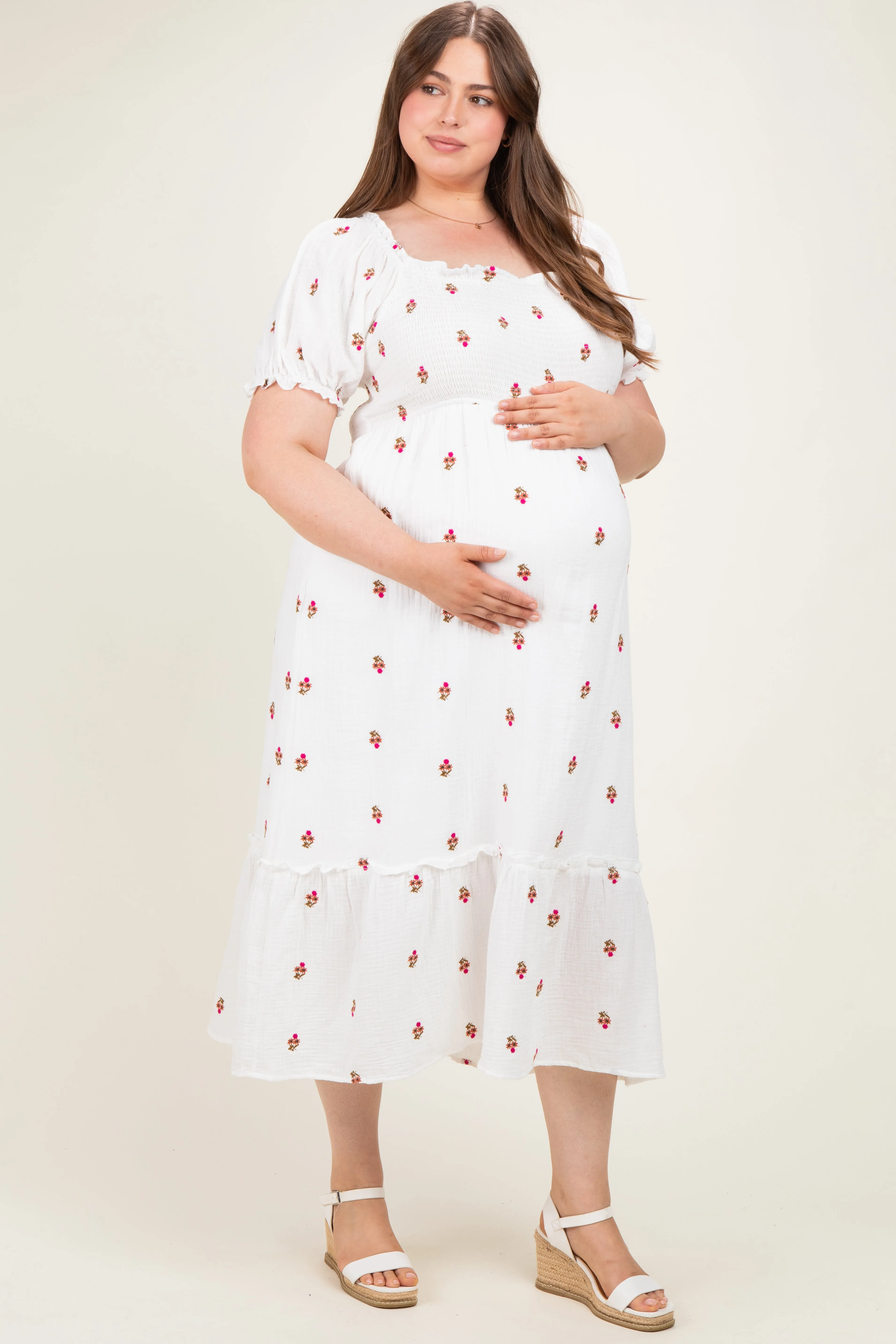 Ivory Embroidered Smocked Plus Maternity Midi Dress sold by Pinkblush product image thumbnail 2