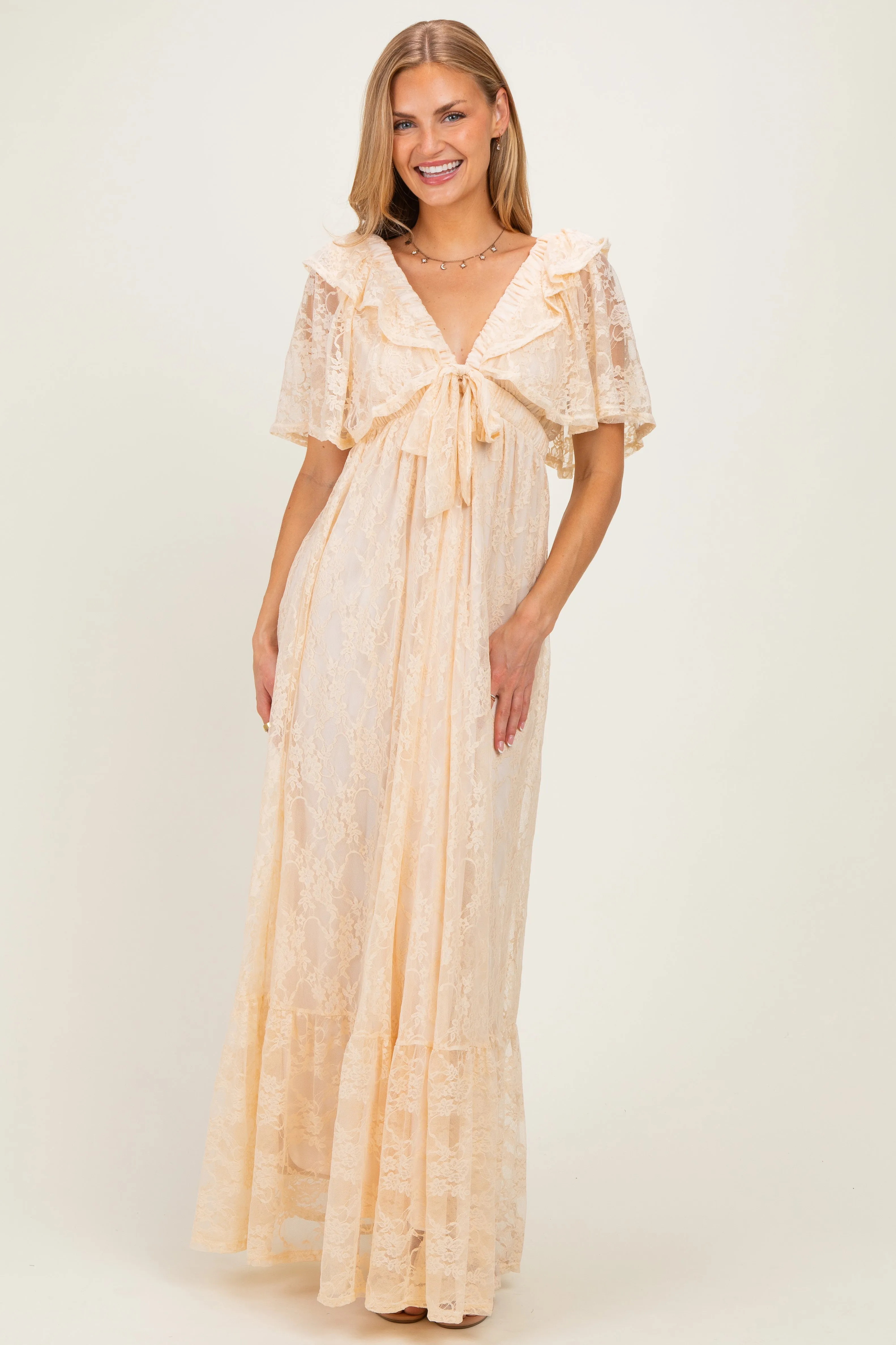 Beige Lace Flutter Sleeve Tiered Maxi Dress sold by Pinkblush