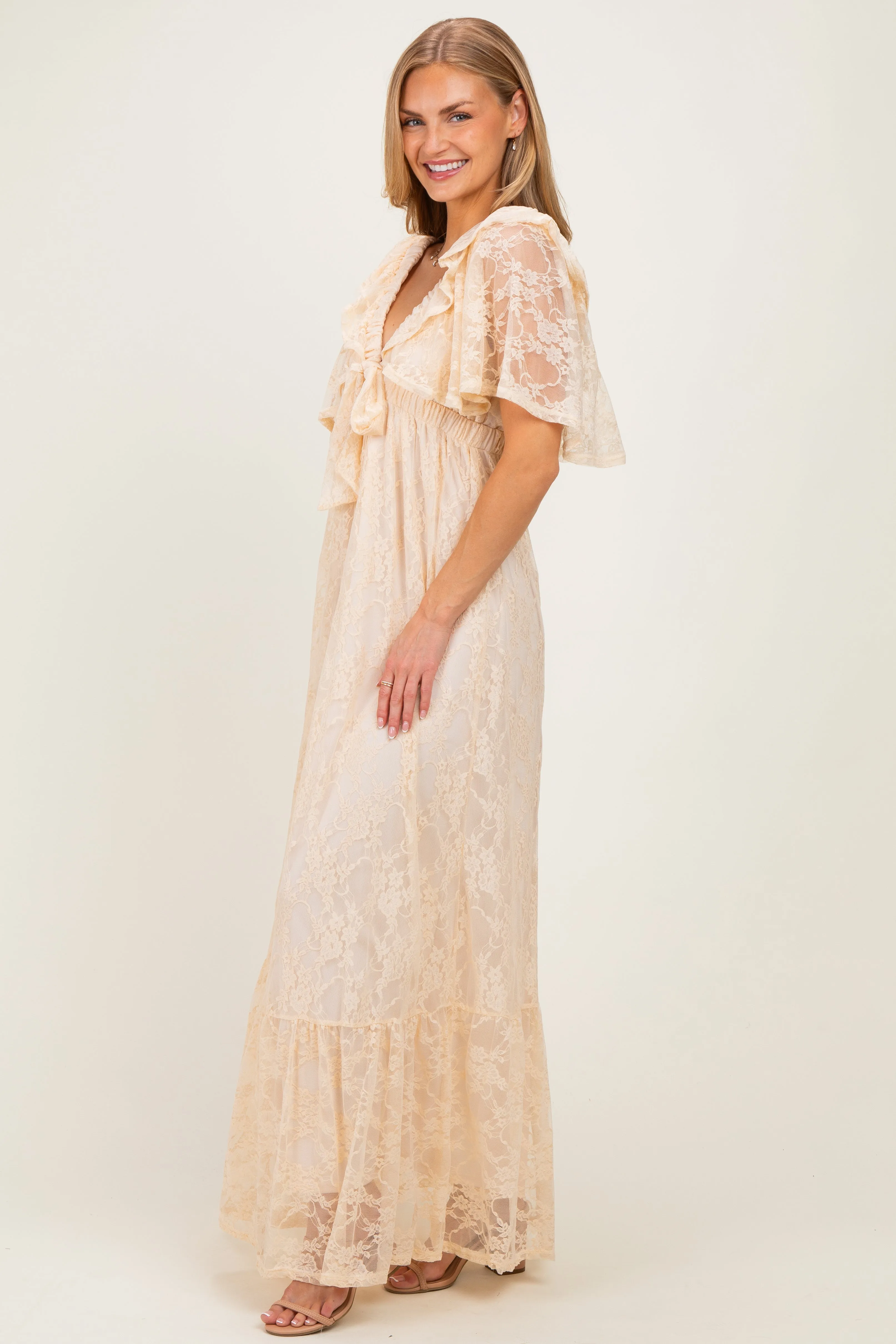 Beige Lace Flutter Sleeve Tiered Maxi Dress sold by Pinkblush product image thumbnail 2