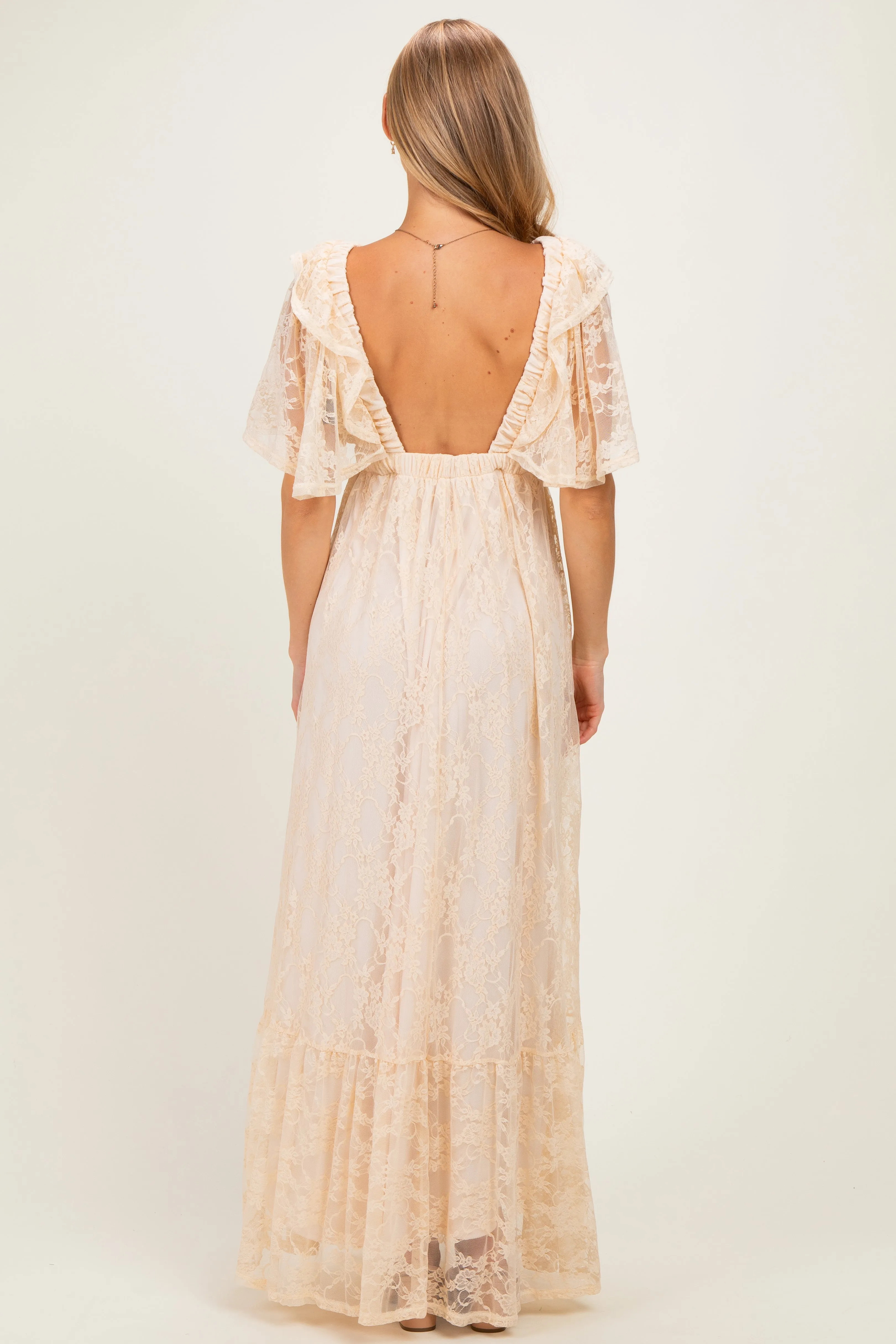 Beige Lace Flutter Sleeve Tiered Maxi Dress sold by Pinkblush product image thumbnail 3