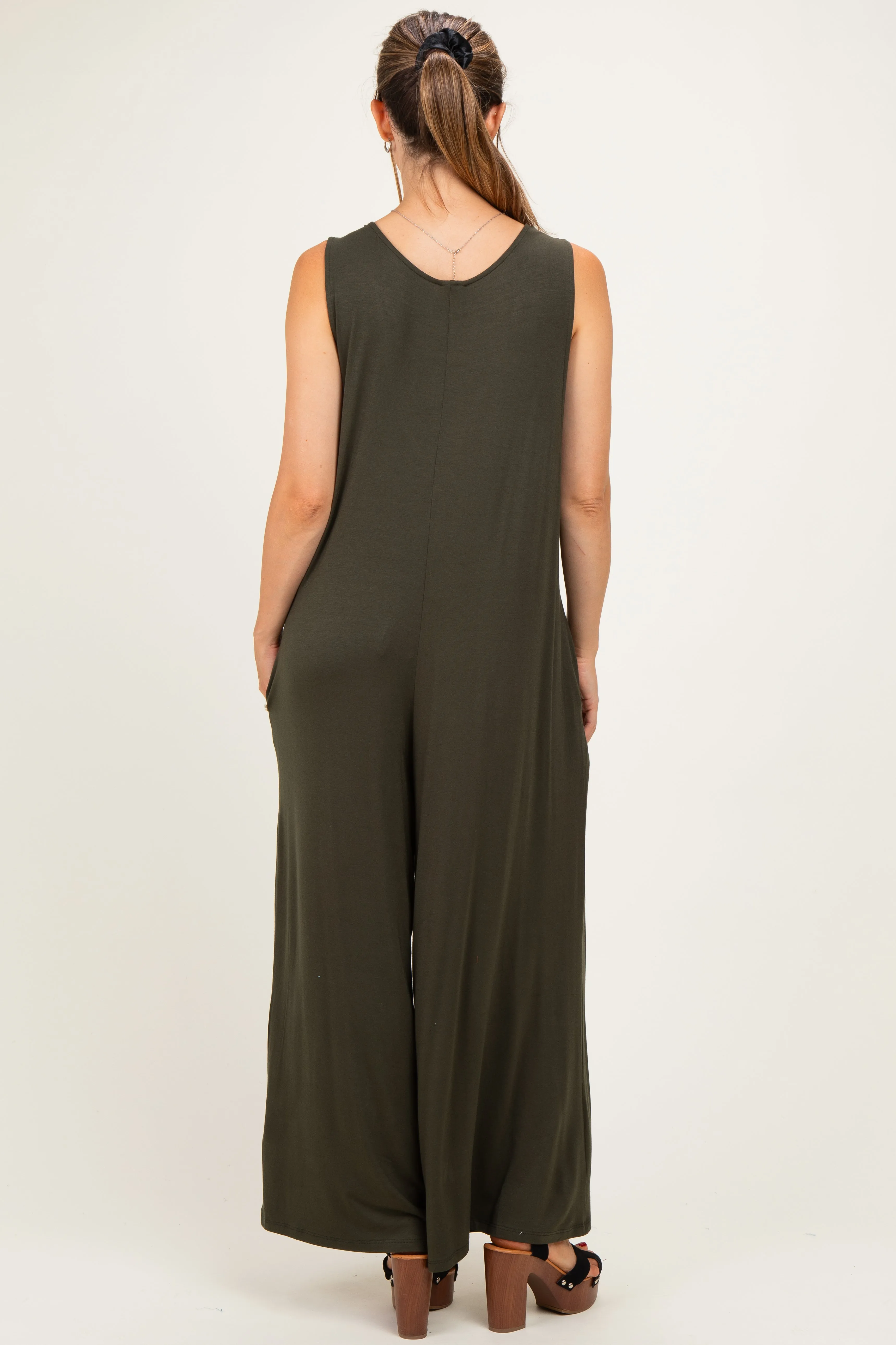 Dark Olive Deep V Sleeveless Wide Leg Maternity Jumpsuit sold by Pinkblush product image thumbnail 3
