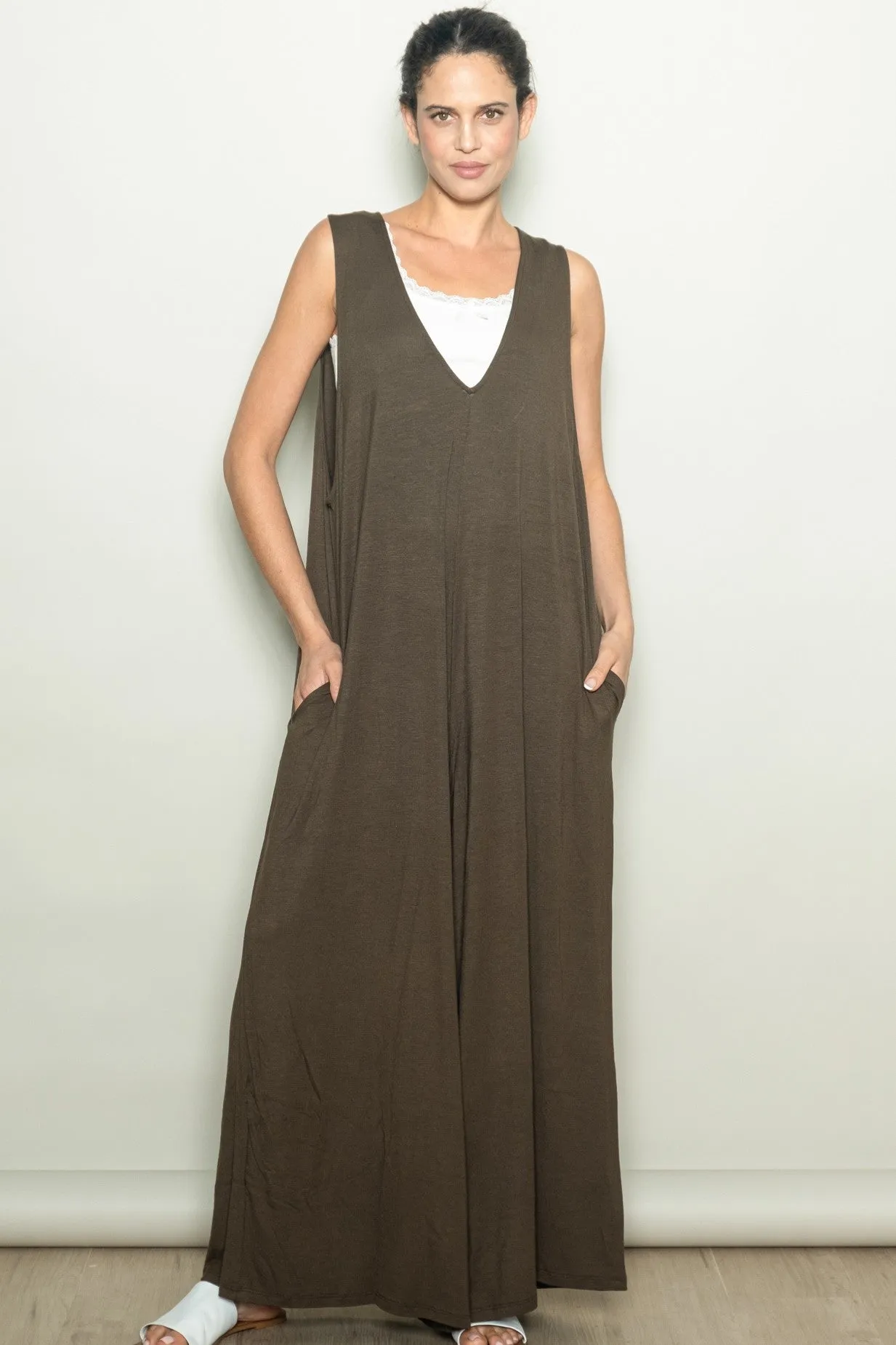 Dark Olive Deep V Sleeveless Wide Leg Maternity Jumpsuit sold by Pinkblush product image thumbnail 4