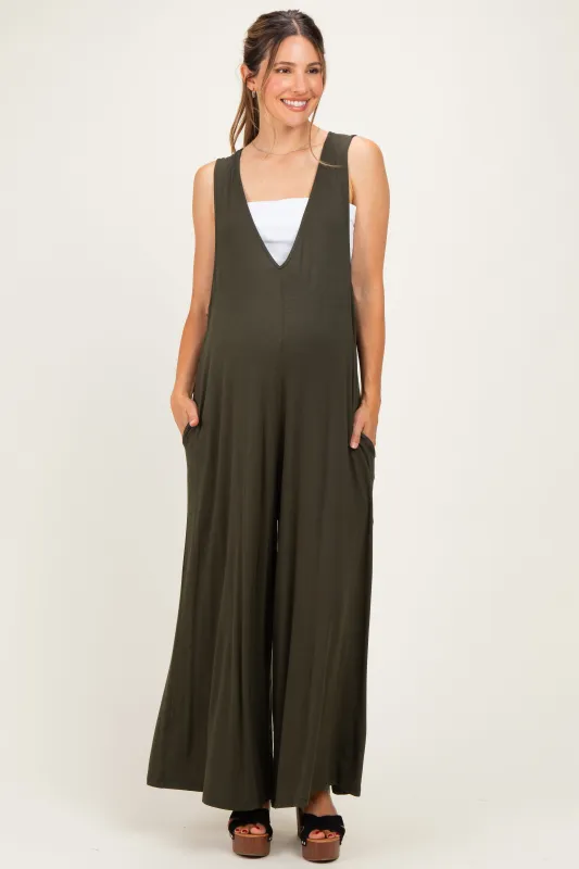 Dark Olive Deep V Sleeveless Wide Leg Maternity Jumpsuit made by Pinkblush
