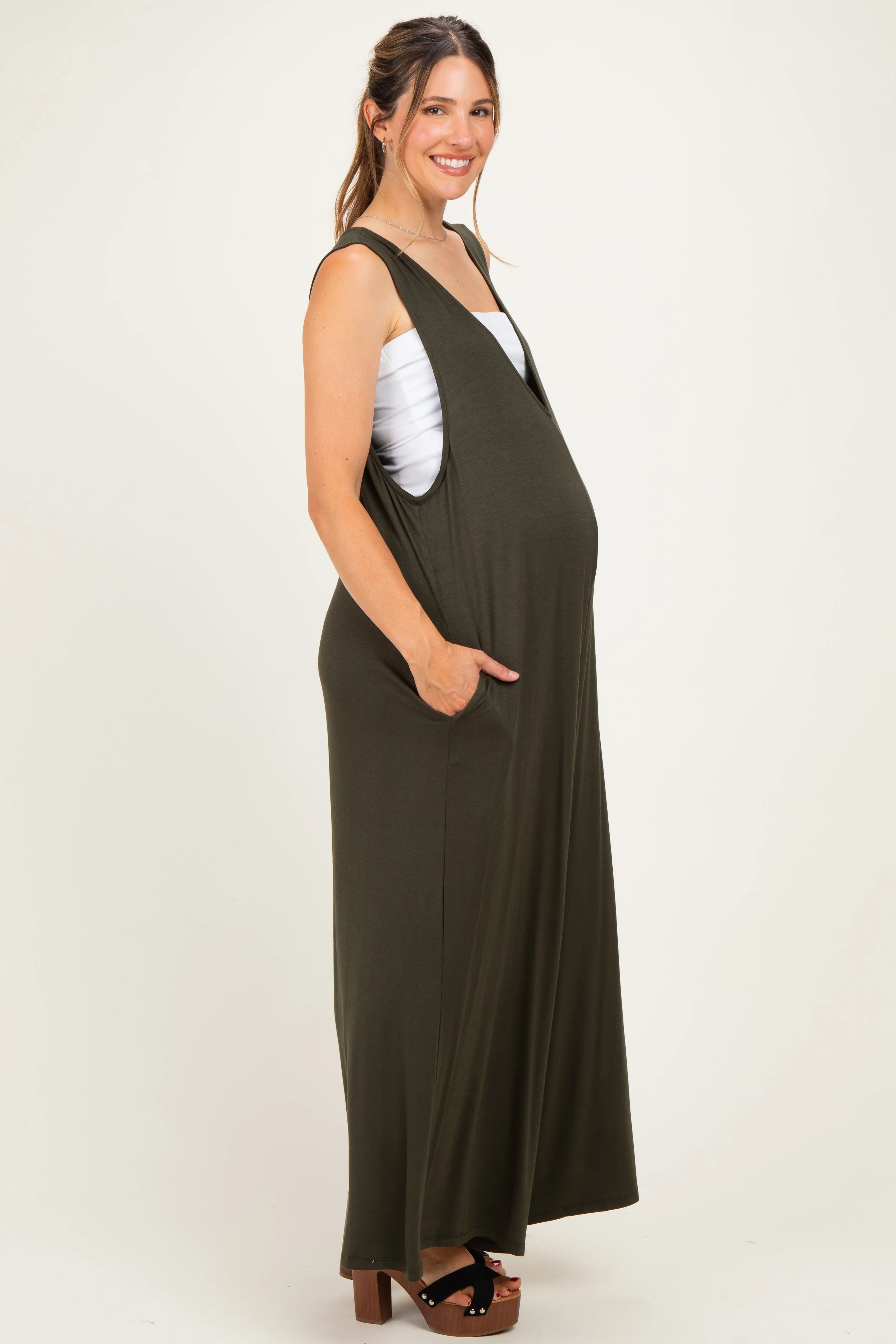 Dark Olive Deep V Sleeveless Wide Leg Maternity Jumpsuit sold by Pinkblush product image thumbnail 2