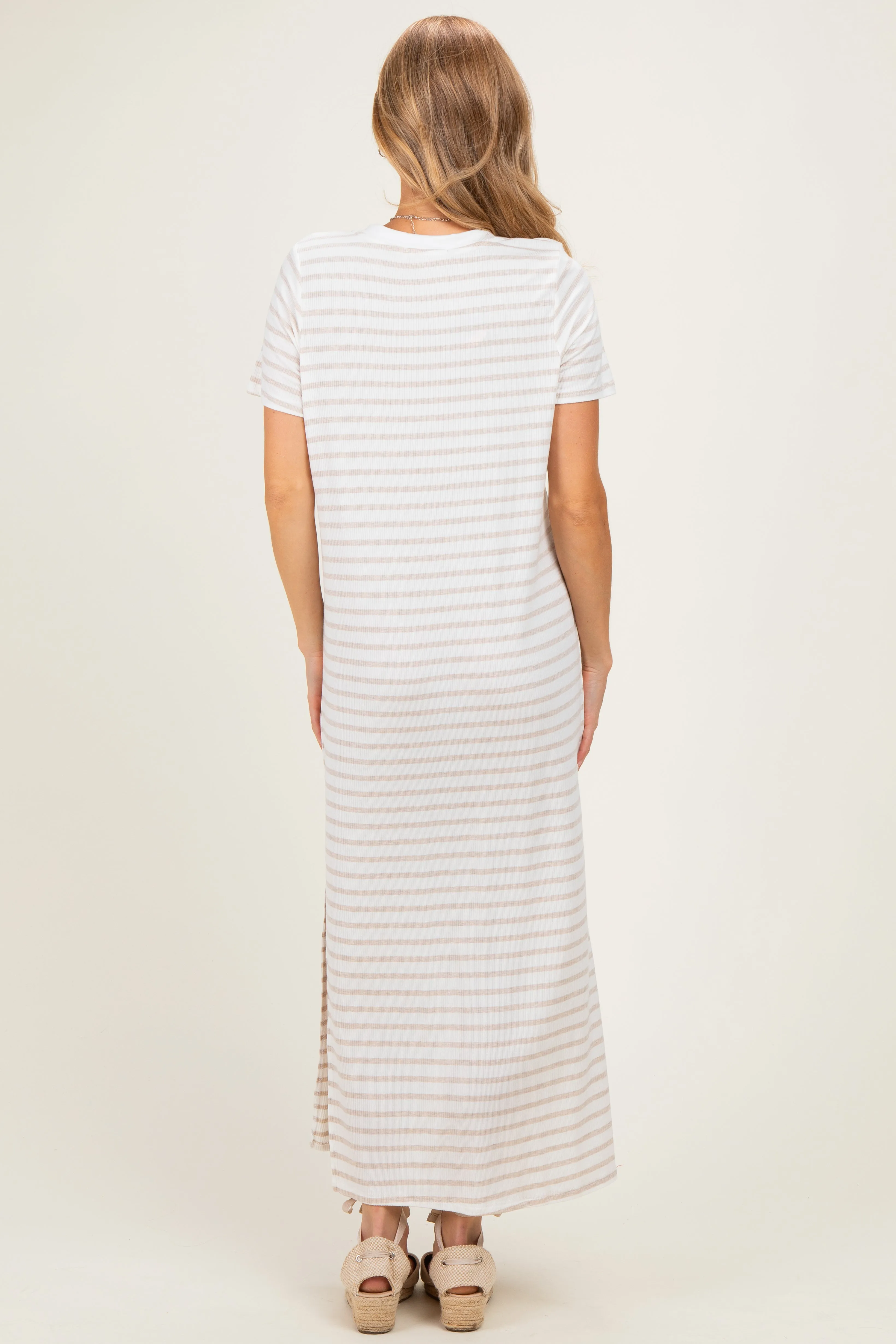 Oatmeal/ Ivory Striped Short Sleeve Midi Dress sold by Pinkblush product image thumbnail 3