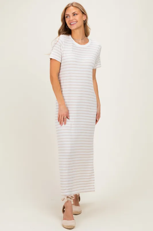 Oatmeal/ Ivory Striped Short Sleeve Midi Dress made by Pinkblush