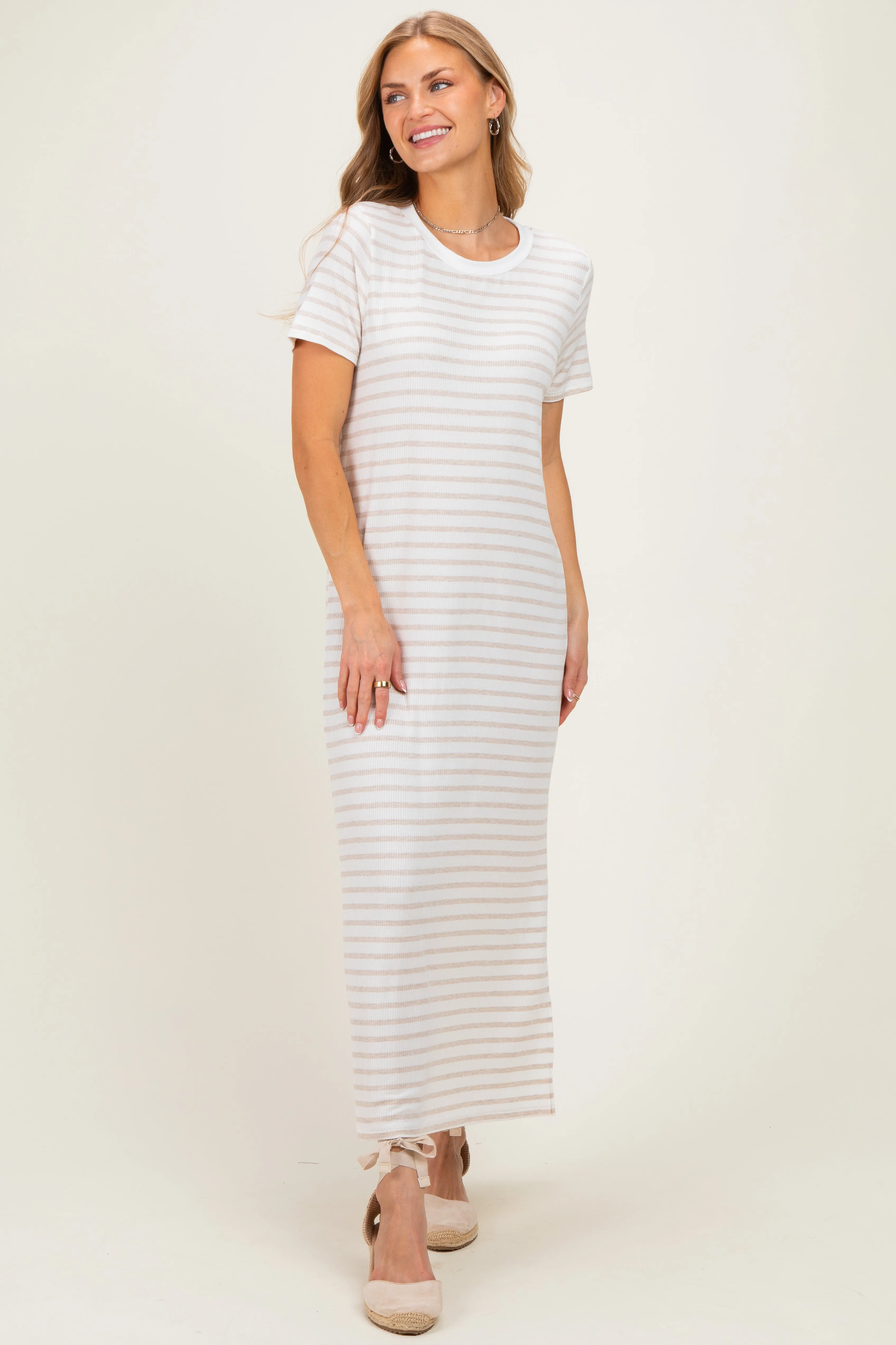 Oatmeal/ Ivory Striped Short Sleeve Midi Dress sold by Pinkblush
