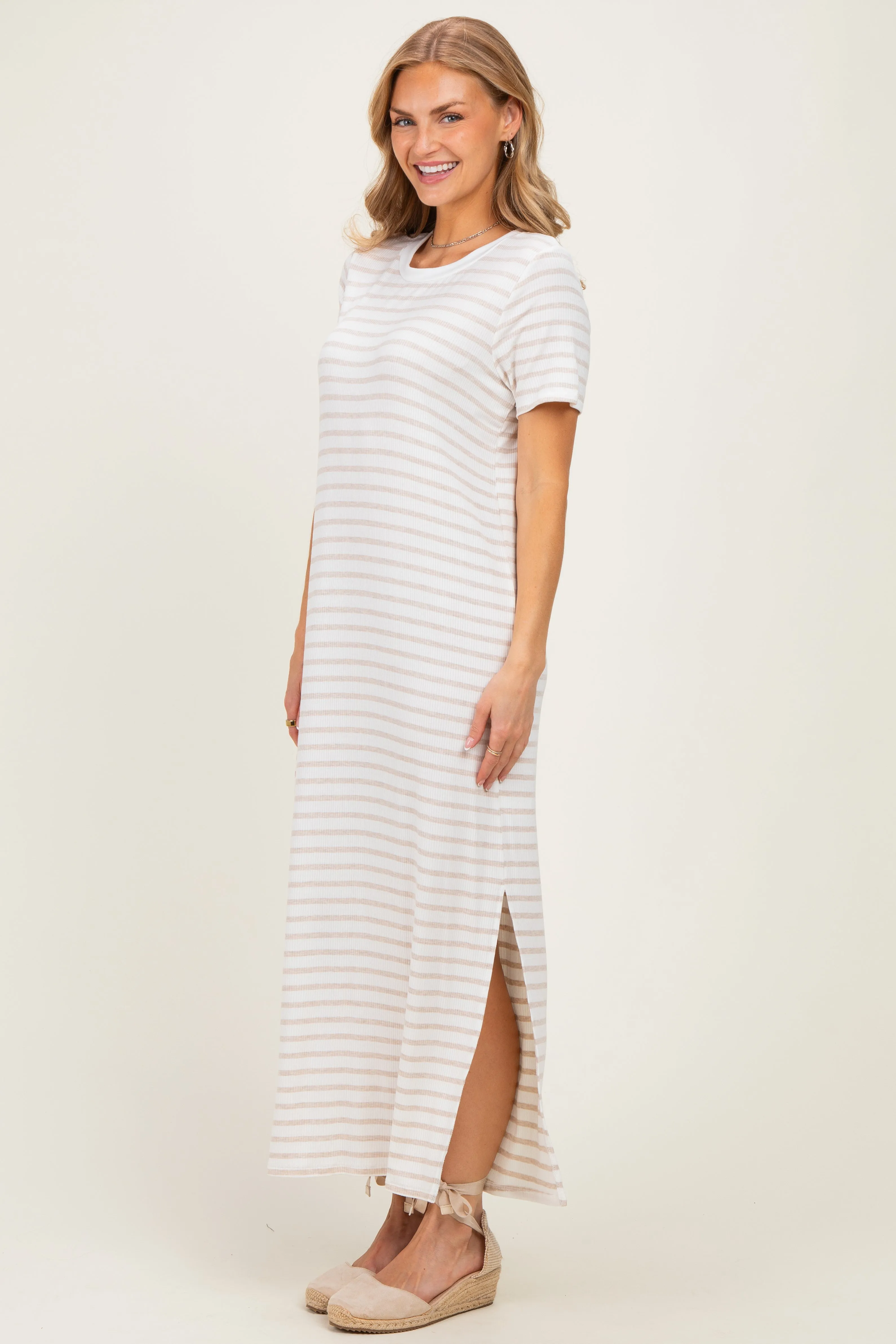 Oatmeal/ Ivory Striped Short Sleeve Midi Dress sold by Pinkblush product image thumbnail 2