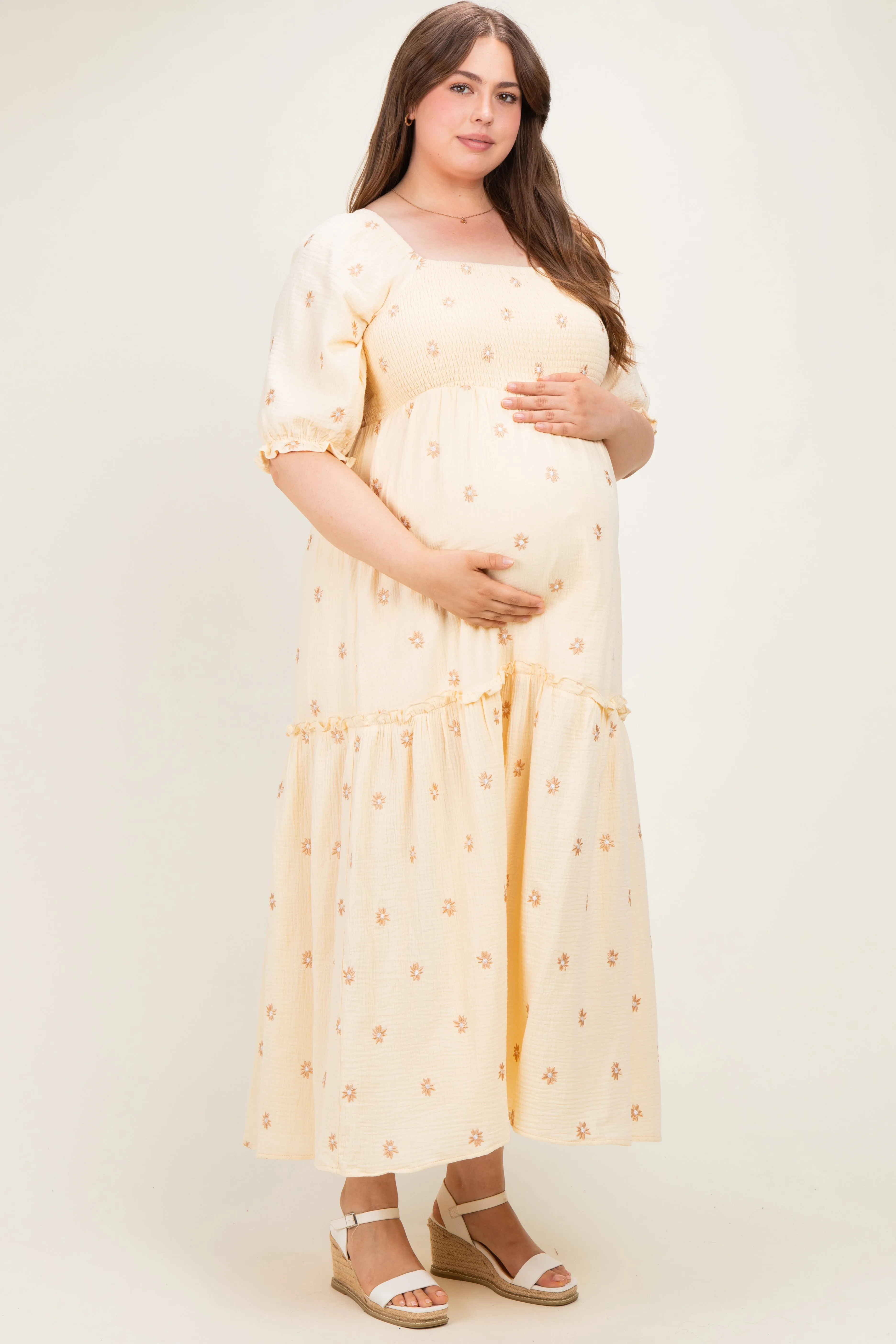 Beige Floral Embroidered Smocked Maternity Maxi Dress sold by Pinkblush product image thumbnail 3