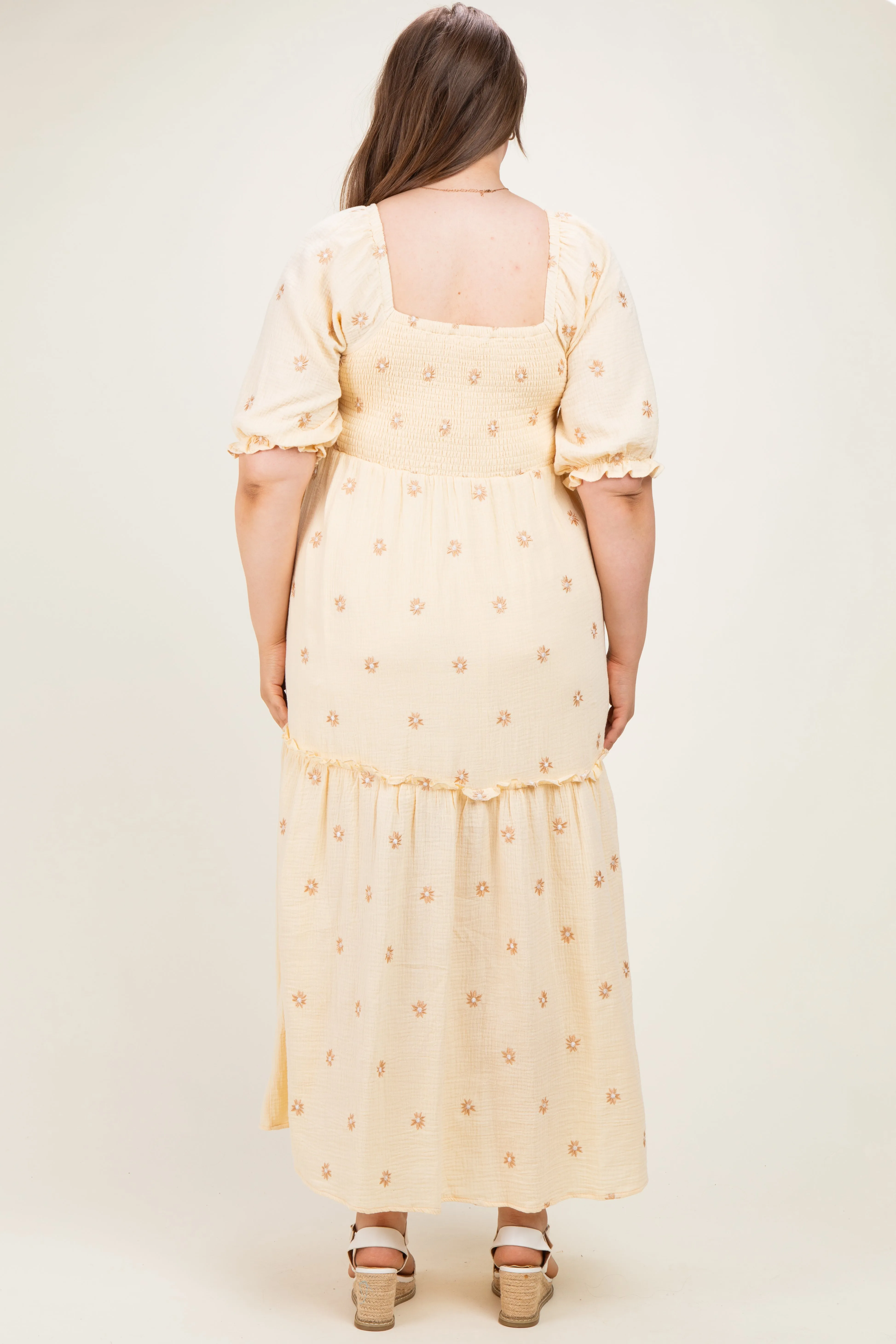 Beige Floral Embroidered Smocked Maternity Maxi Dress sold by Pinkblush product image thumbnail 4
