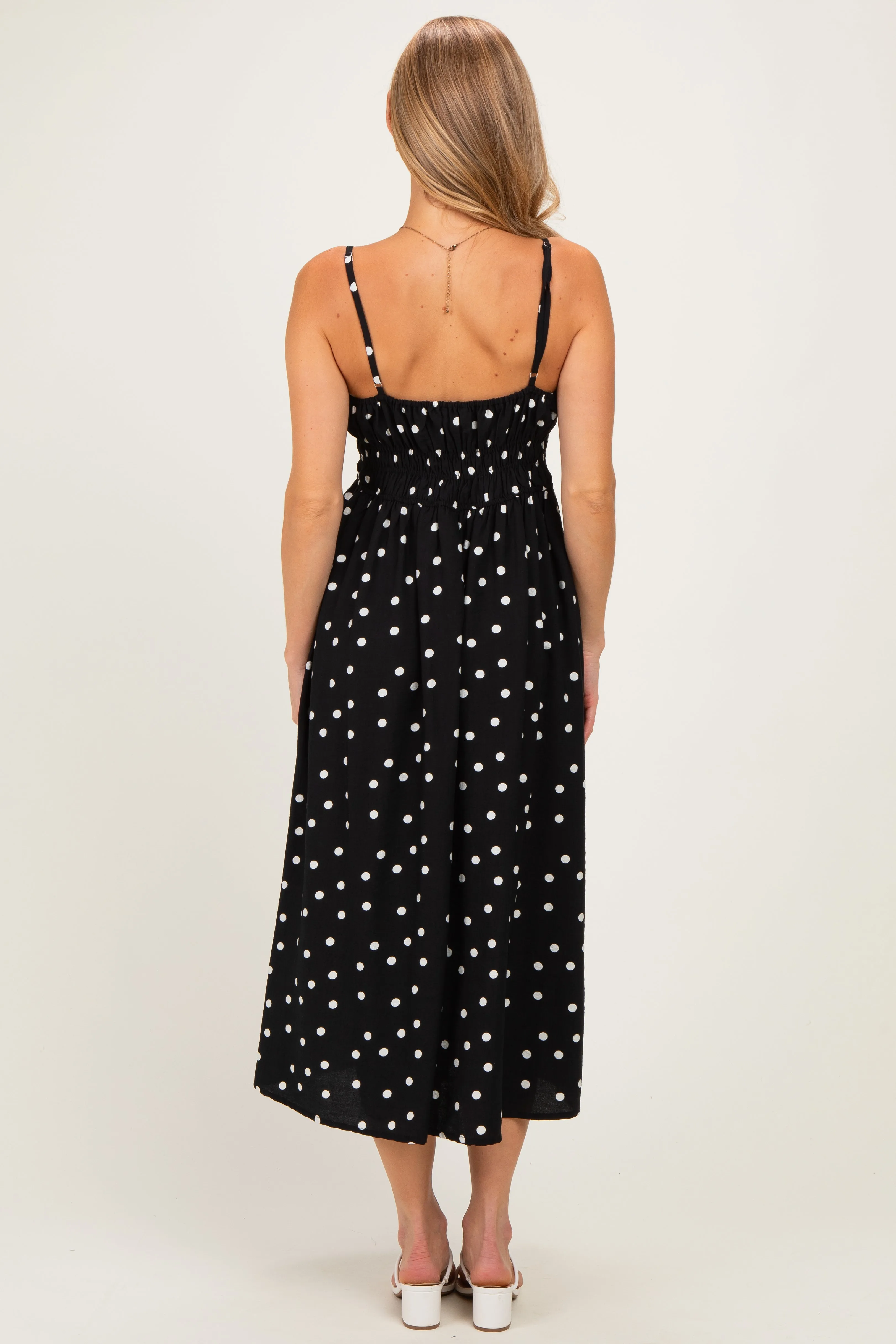 Black Polka Dot Shirred Waist Midi Dress sold by Pinkblush product image thumbnail 3