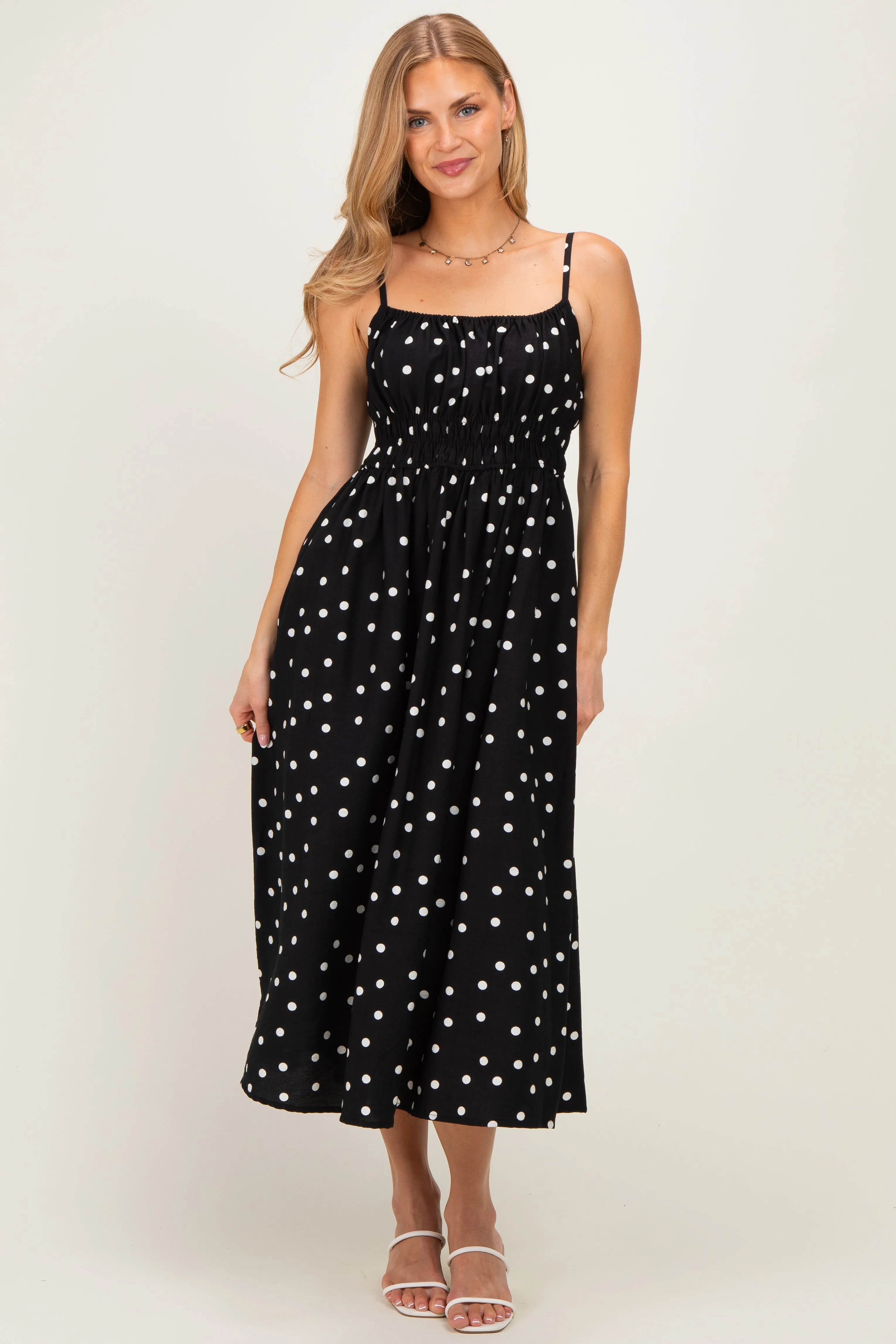 Black Polka Dot Shirred Waist Midi Dress sold by Pinkblush