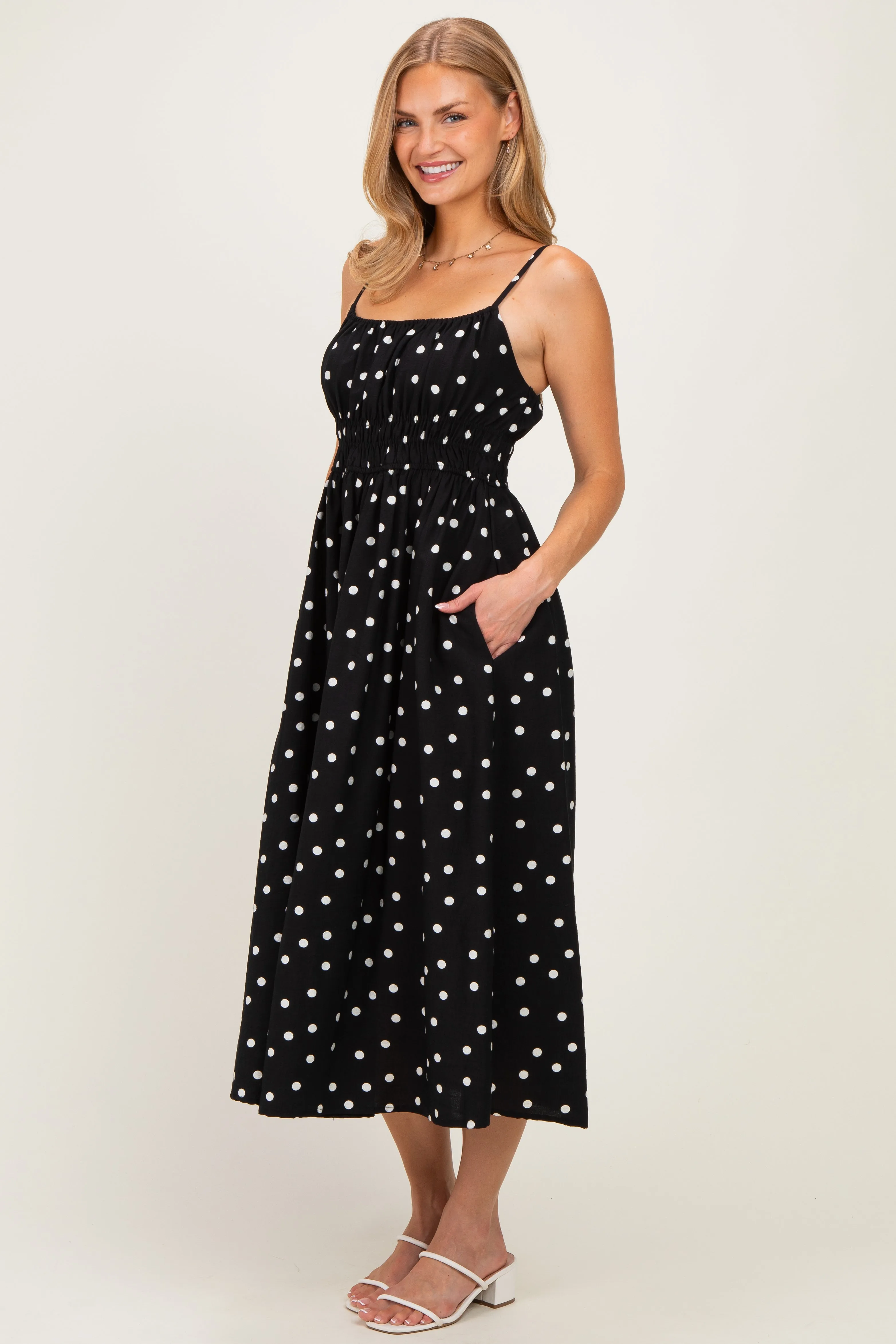 Black Polka Dot Shirred Waist Midi Dress sold by Pinkblush product image thumbnail 2