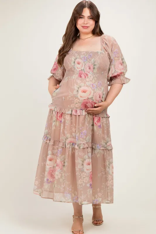 Taupe Floral Smocked Chiffon Tiered Maternity Plus Maxi Dress made by Davi & Dani
