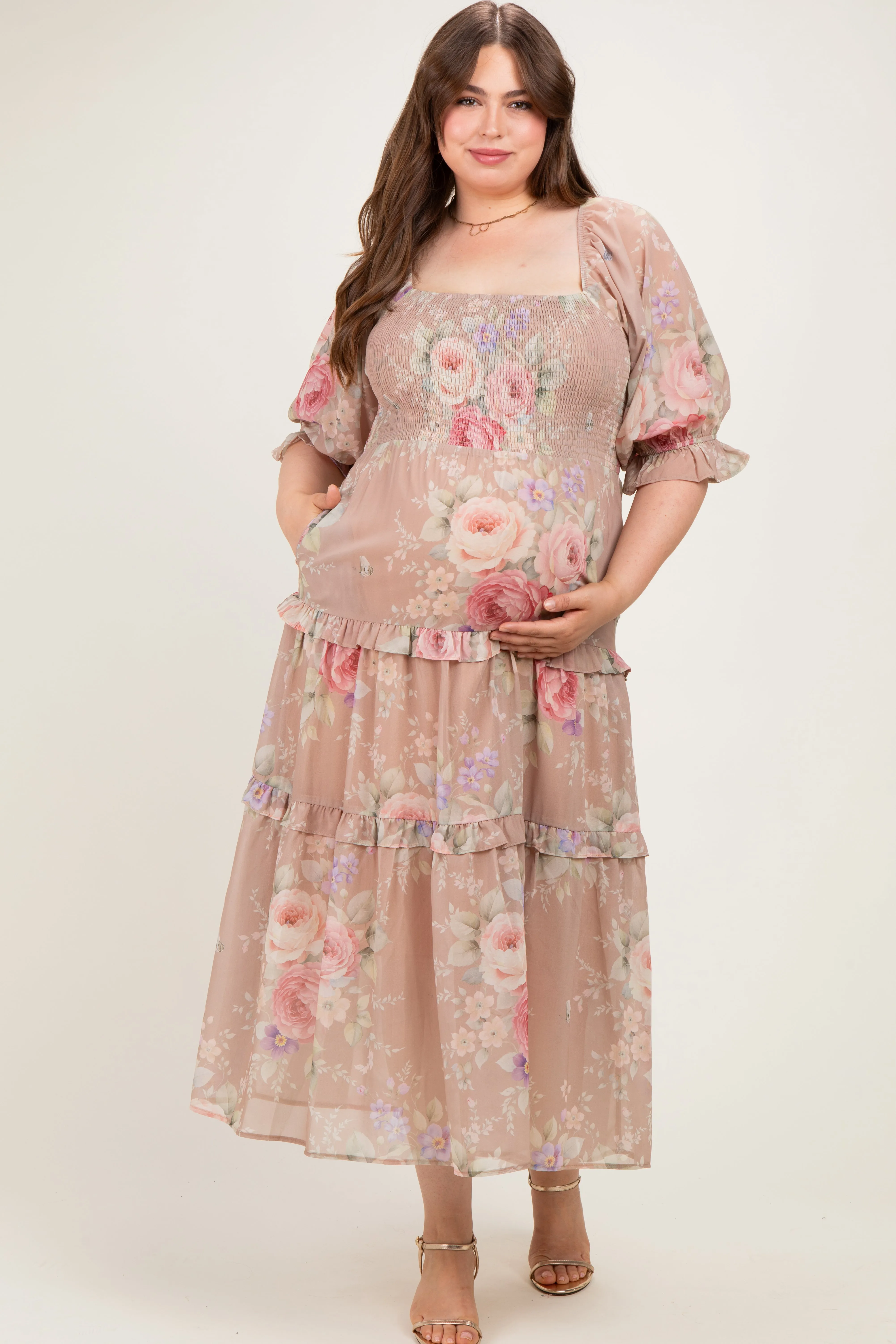 Taupe Floral Smocked Chiffon Tiered Maternity Plus Maxi Dress sold by Pinkblush