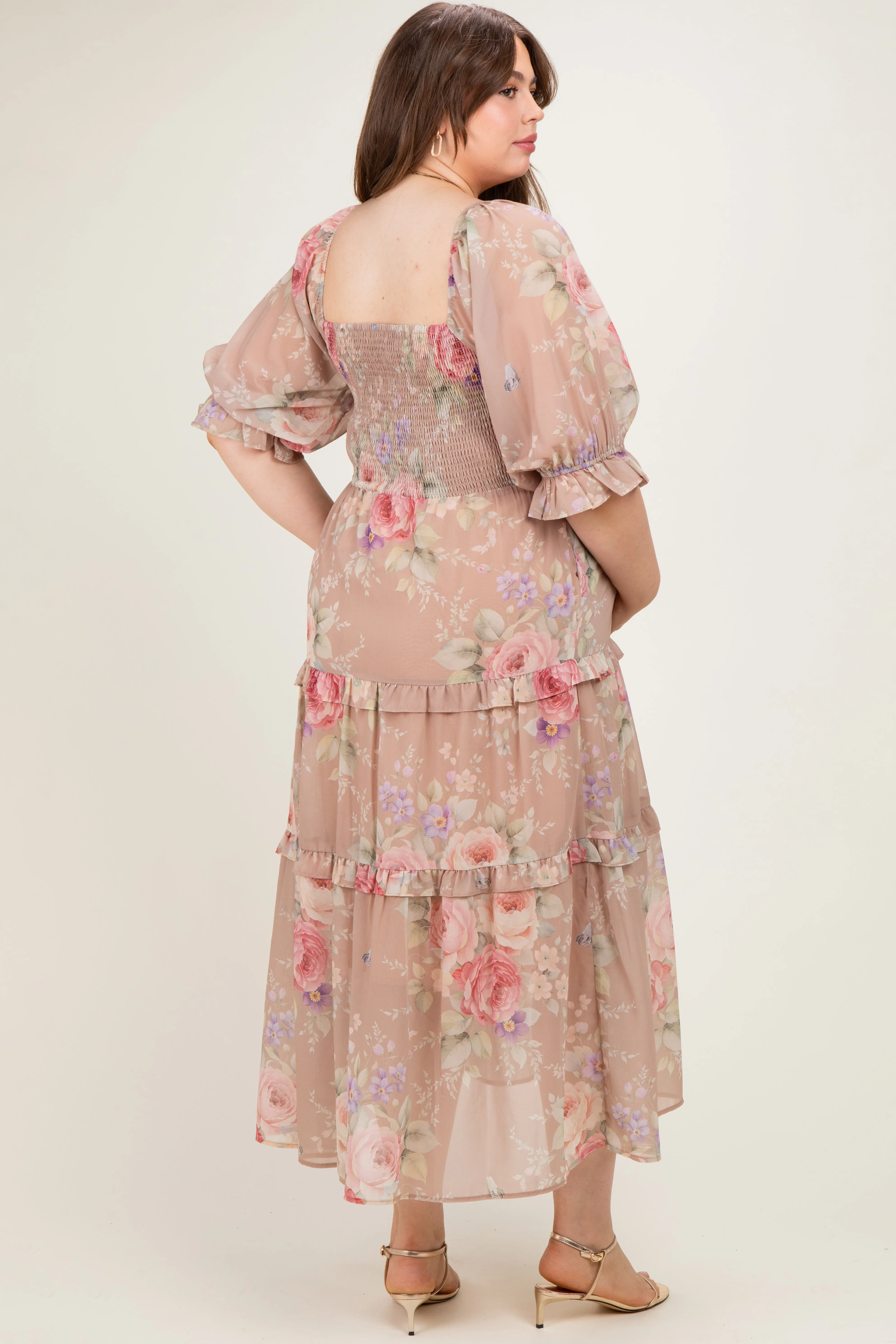 Taupe Floral Smocked Chiffon Tiered Maternity Plus Maxi Dress sold by Pinkblush product image thumbnail 2