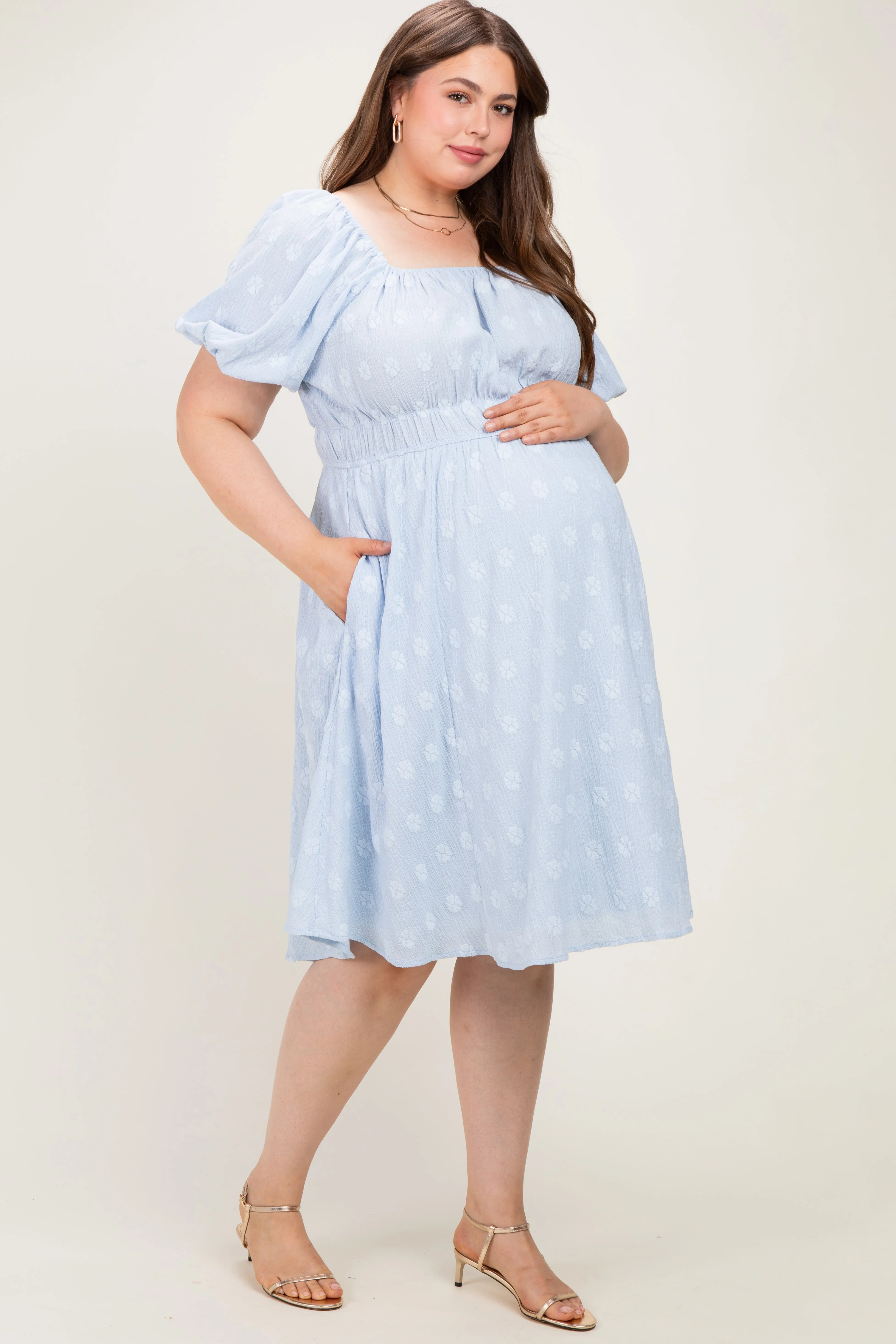 Dusty Blue Jacquard Maternity Plus Midi Dress sold by Pinkblush product image thumbnail 3