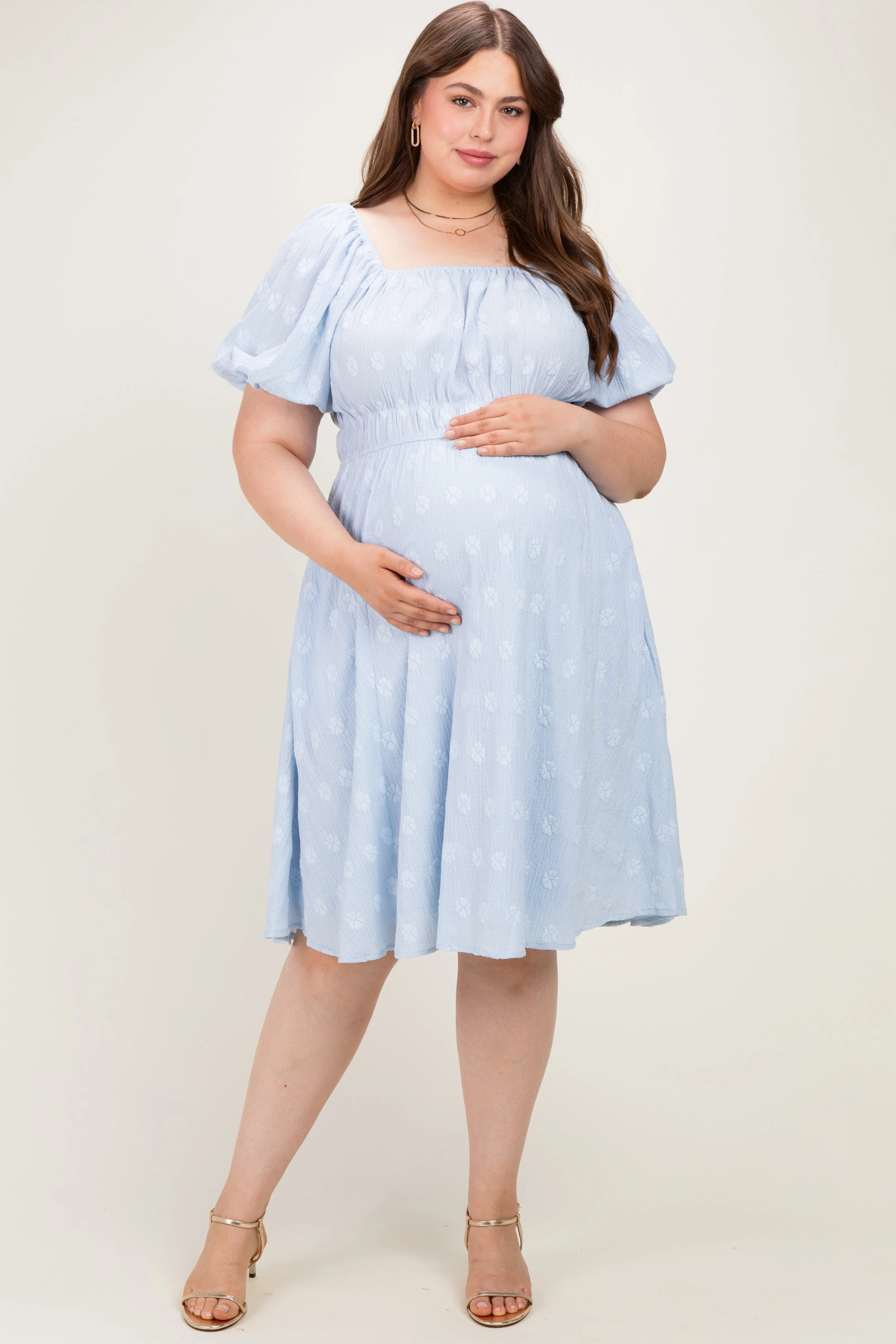 Dusty Blue Jacquard Maternity Plus Midi Dress sold by Pinkblush