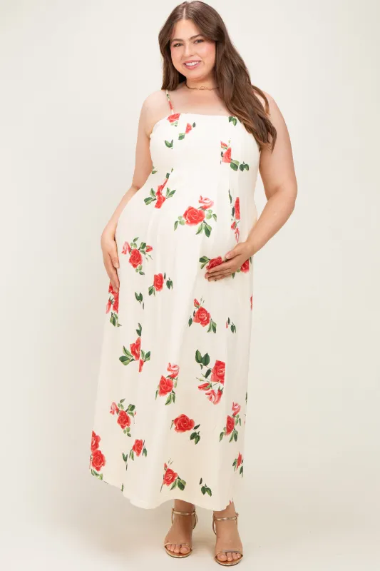 Cream Floral Thin Strap Maternity Plus Midi Dress made by Davi & Dani