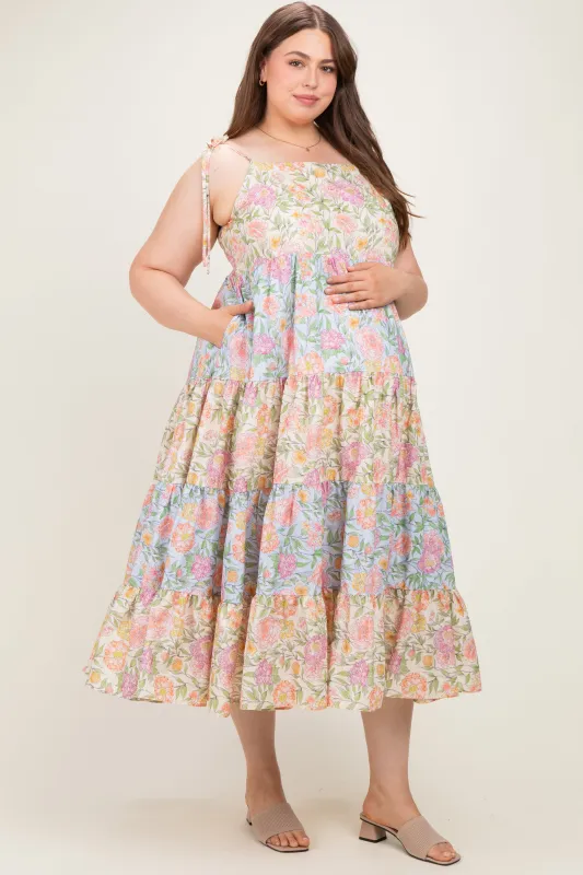 Pink Floral Colorblock Tiered Maternity Plus Maxi Dress made by Davi & Dani