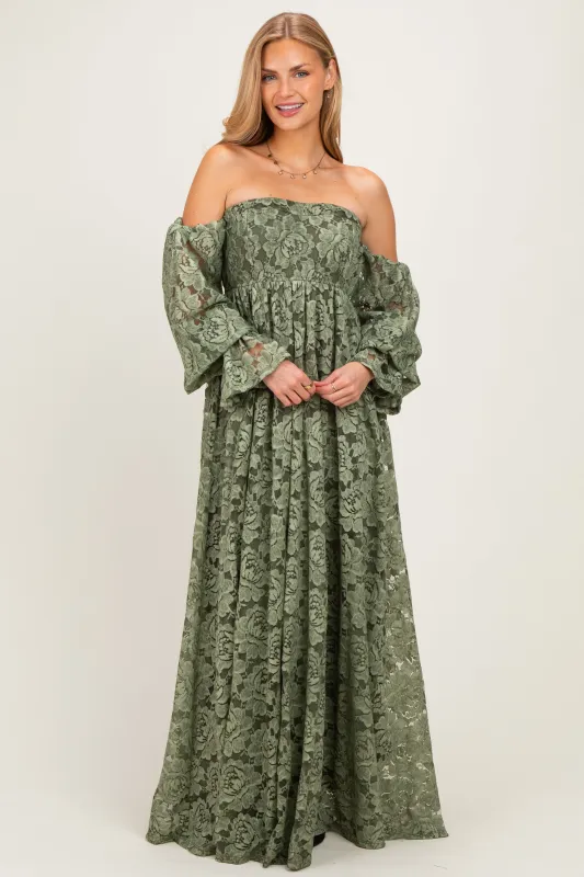 Olive Lace Off Shoulder Long Sleeve Maxi Dress made by Pinkblush