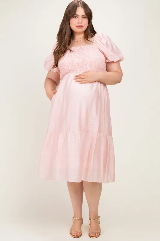 Blush Textured Woven Smocked Maternity Plus Maxi Dress made by Polagram