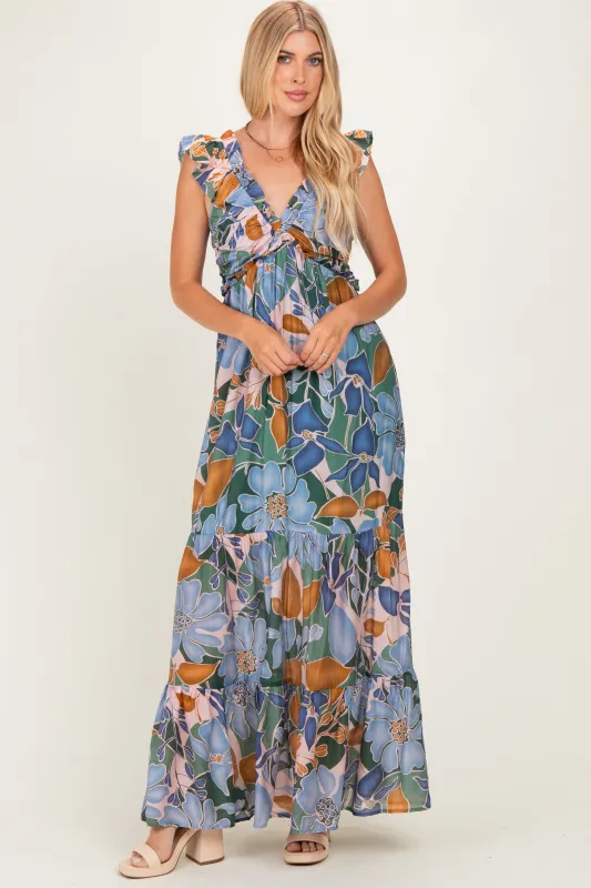 Blue Floral V-Neck Tiered Maxi Dress made by Pinkblush