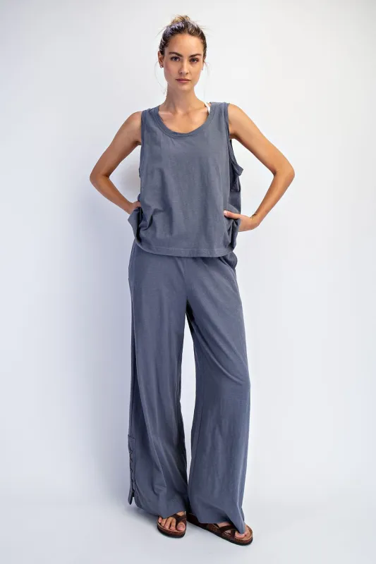 Grey Button Detail Tank Wide Leg Pant Set made by Rae Mode