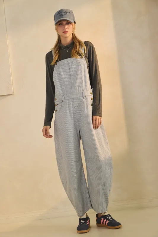 Blue Pinstriped Barrel-Leg Overalls made by Pinkblush