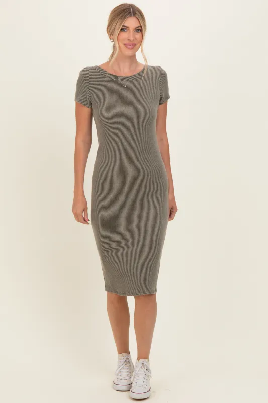Olive Ribbed Short Sleeve Midi Dress made by Hello MIZ