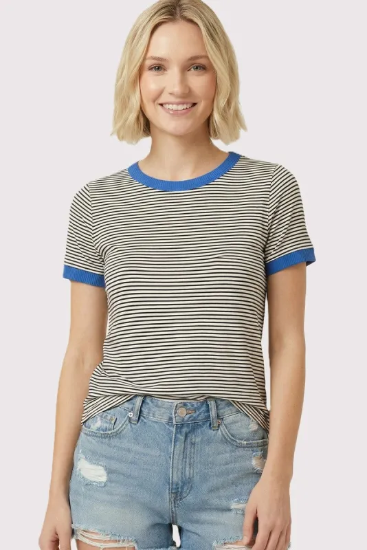 Ivory Blue Trimmed Striped Top made by Staccato