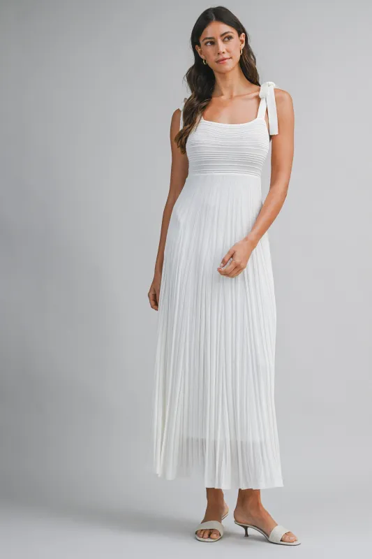Off White Textured Knit Shoulder Tie Midi Dress made by MABLE