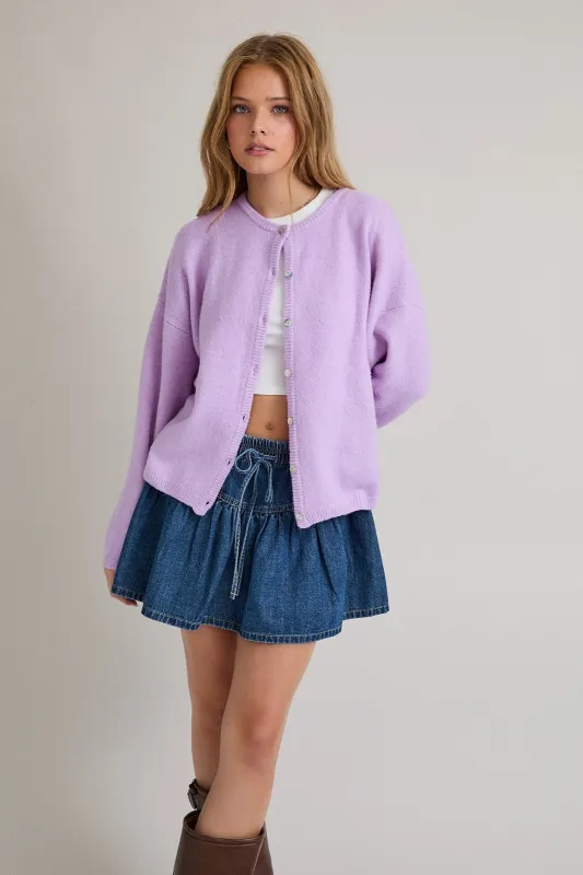 Lavender Classic Crew Neck Button Cardigan made by Le Lis
