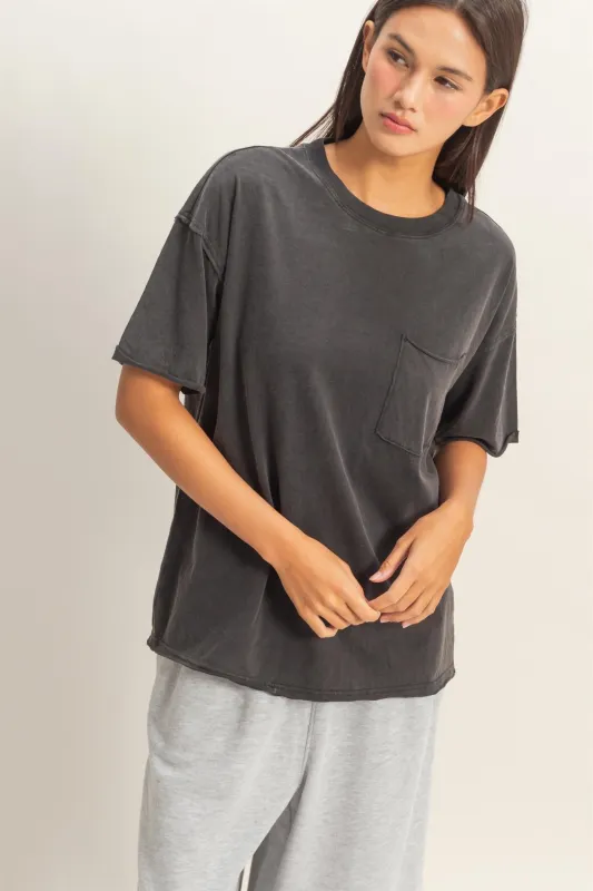 Black Vintage Wash Raw Edge Pocket T-Shirt made by HYFVE