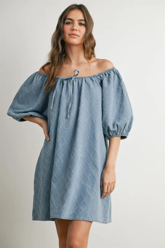 Light Blue Chambray Jacquard Puff Sleeve Mini Dress made by Pinkblush