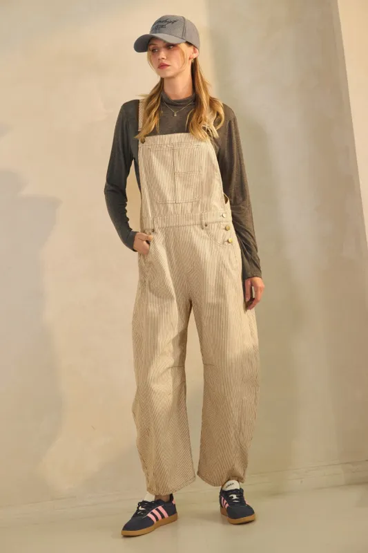 Taupe Pinstriped Barrel-Leg Overalls made by Pinkblush