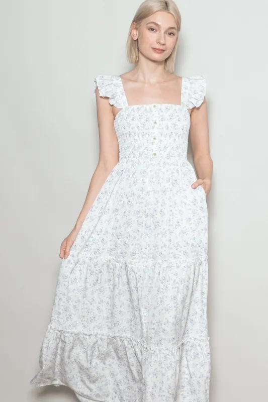 Cream Floral Ruffle Tier Button Detail Maxi Dress made by Pinkblush