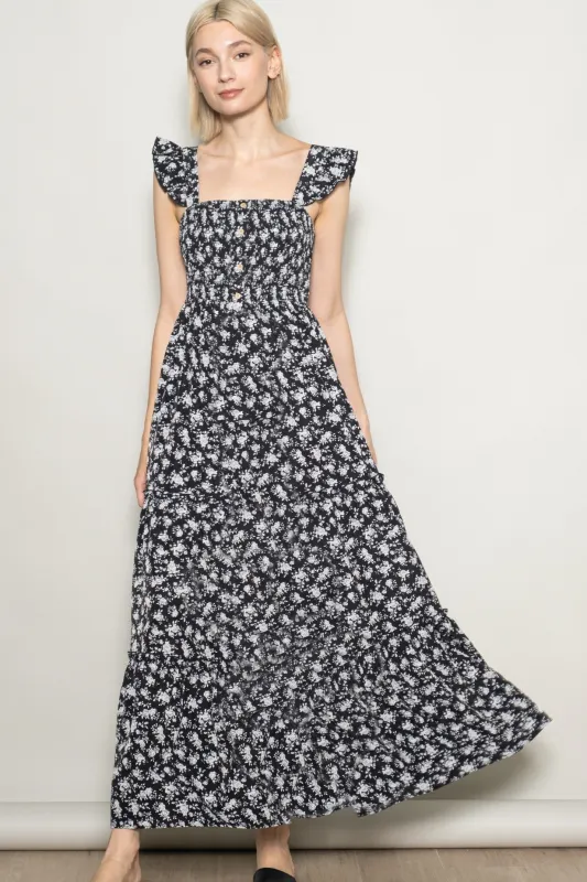 Black Floral Ruffle Tier Button Detail Maxi Dress made by Pinkblush