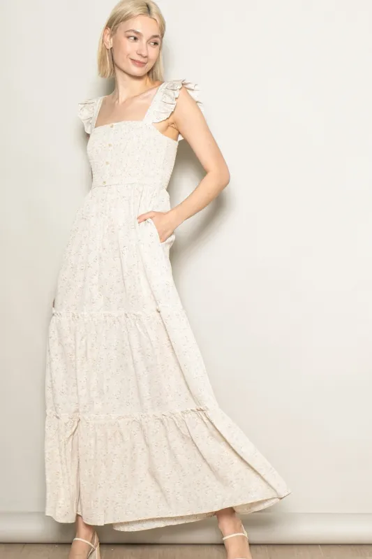 Cream Floral Ruffle Tier Button Detail Maxi Dress made by Pinkblush