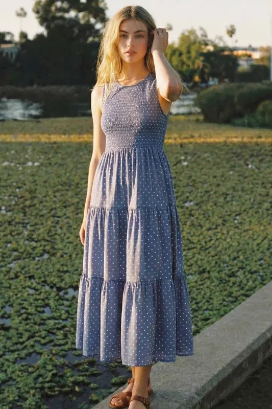 Blue Polka Dot Smocked Tiered Maxi Dress made by Pinkblush