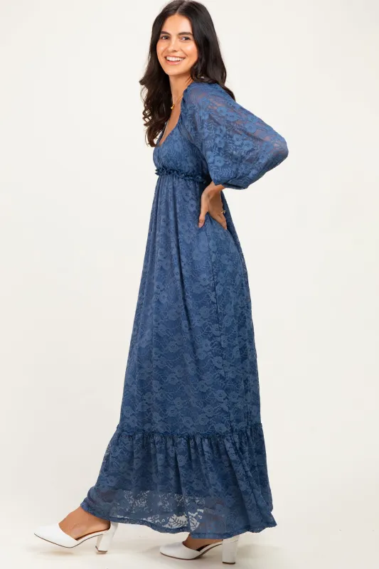 Blue Lace Long Sleeve Maxi Dress made by Pinkblush